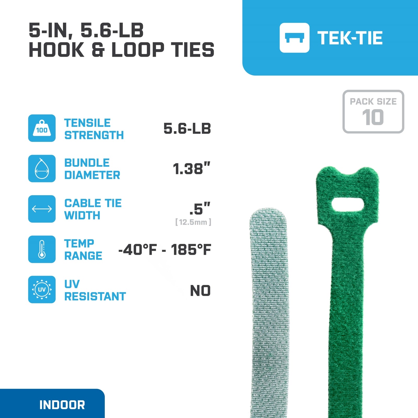 5-inch Green Hook and Loop, 5.6-lb Tensile Strength, 10-Pack