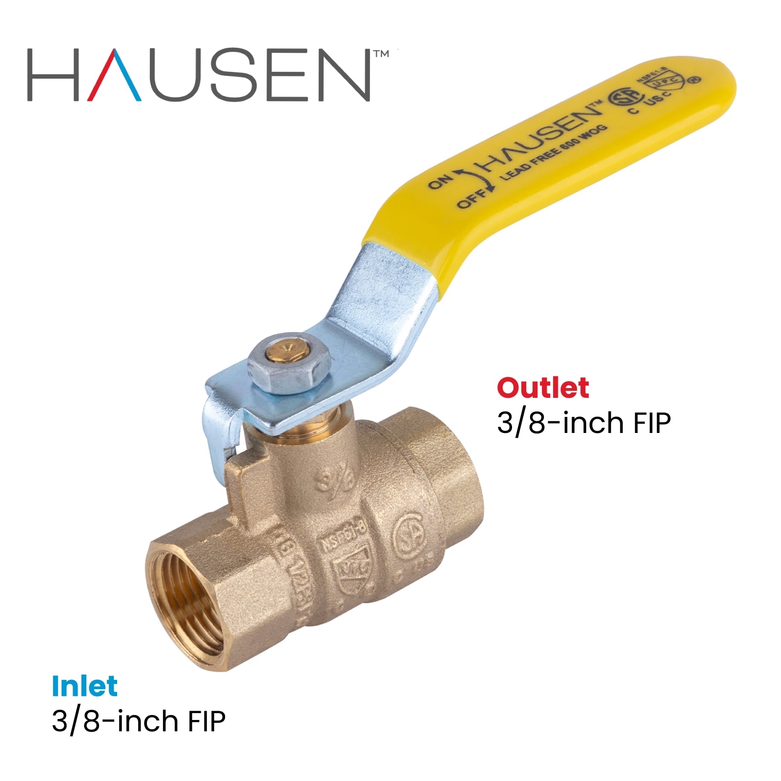 Hausen 3/8-inch FIP (Female Iron Pipe) x 3/8-inch FIP (Female Iron Pipe) Threaded Standard Port Brass Ball Valve; Blowout Resistant Stem; For Use in Potable Water, Oil and Gas Distribution Systems, 1-Pack