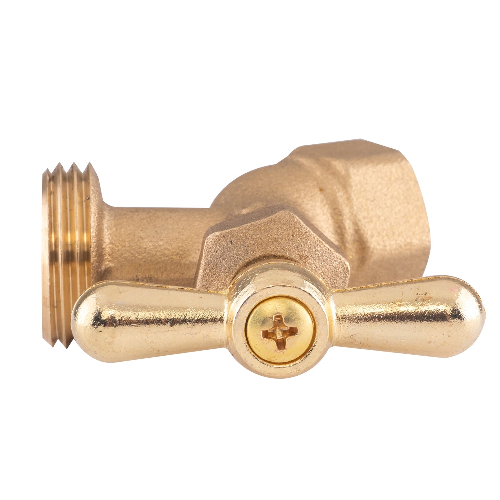 Hausen 1/2-inch FIP (Female Iron Pipe) x 3/4-inch MHT (Male Hose Thread) Brass No-Kink Angled Hose Bibb Valve with Tee Handle Shutoff; cUPC Certified, Compatible with Standard Garden Hoses, 1-pack