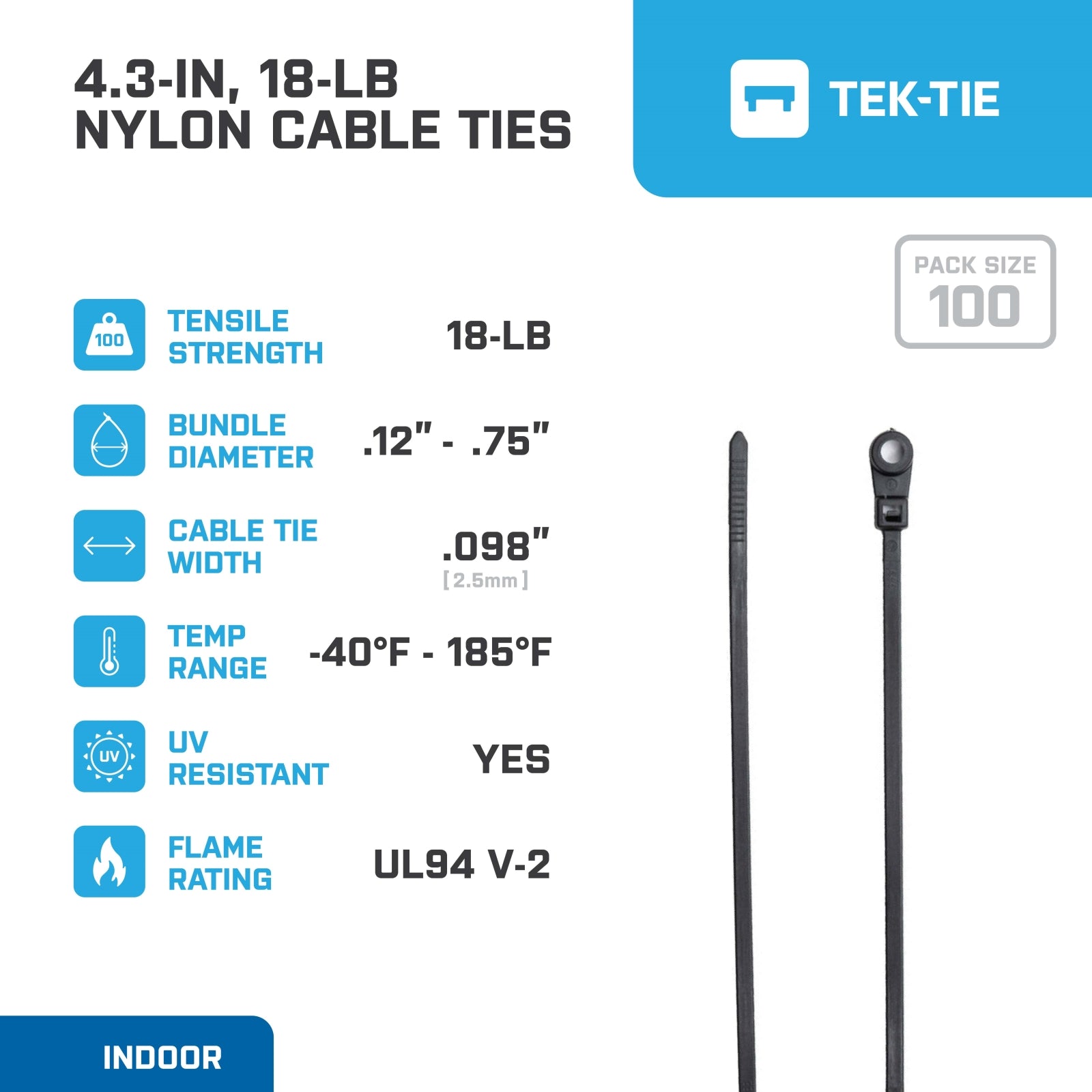 4.3-inch UV Resistant Black Screw Mount Cable Tie, 18-lb Tensile Strength, 100-Pack