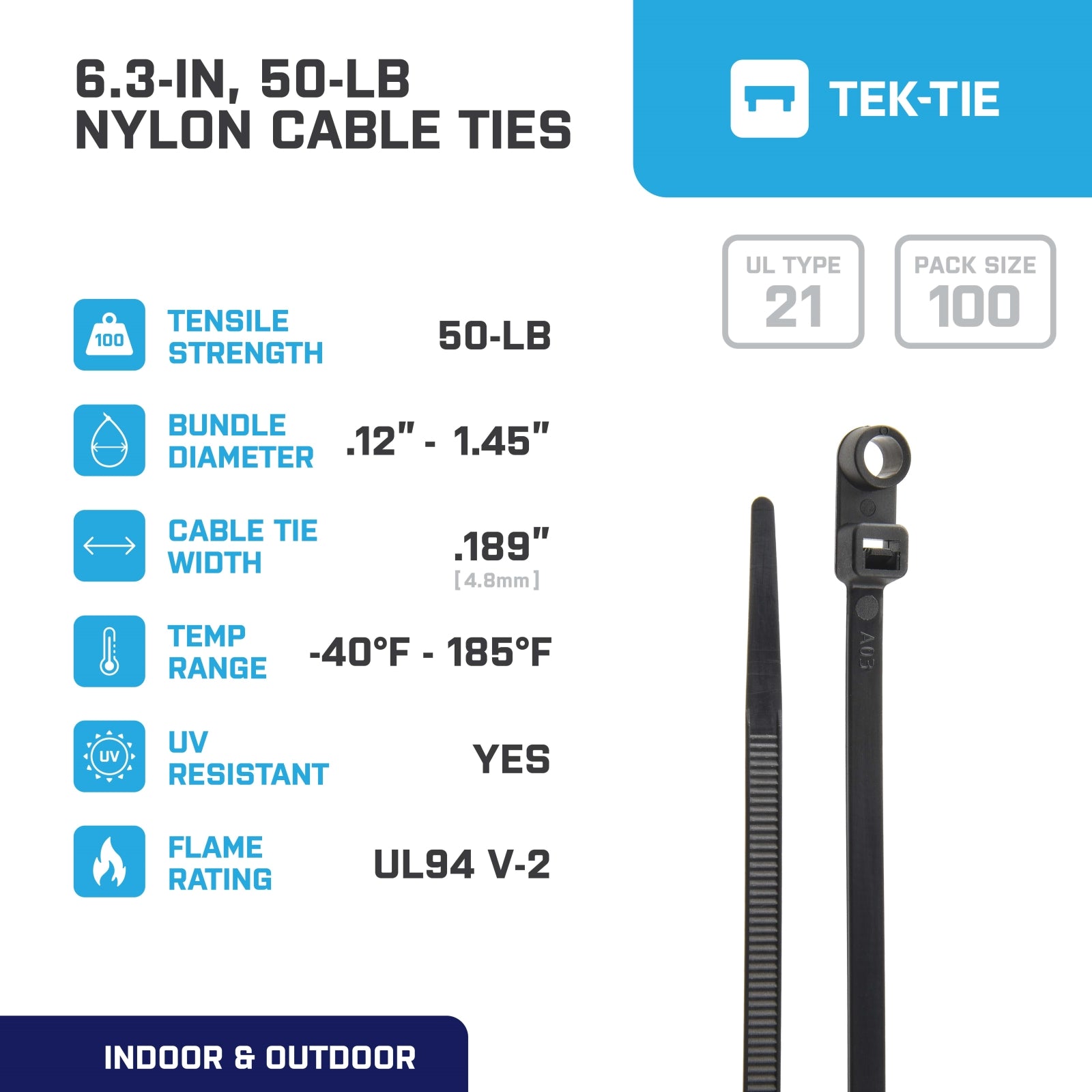 6.3-inch UV Resistant Black Screw Mount Cable Tie, 50-lb Tensile Strength, UL 21 Listed, 100-Pack