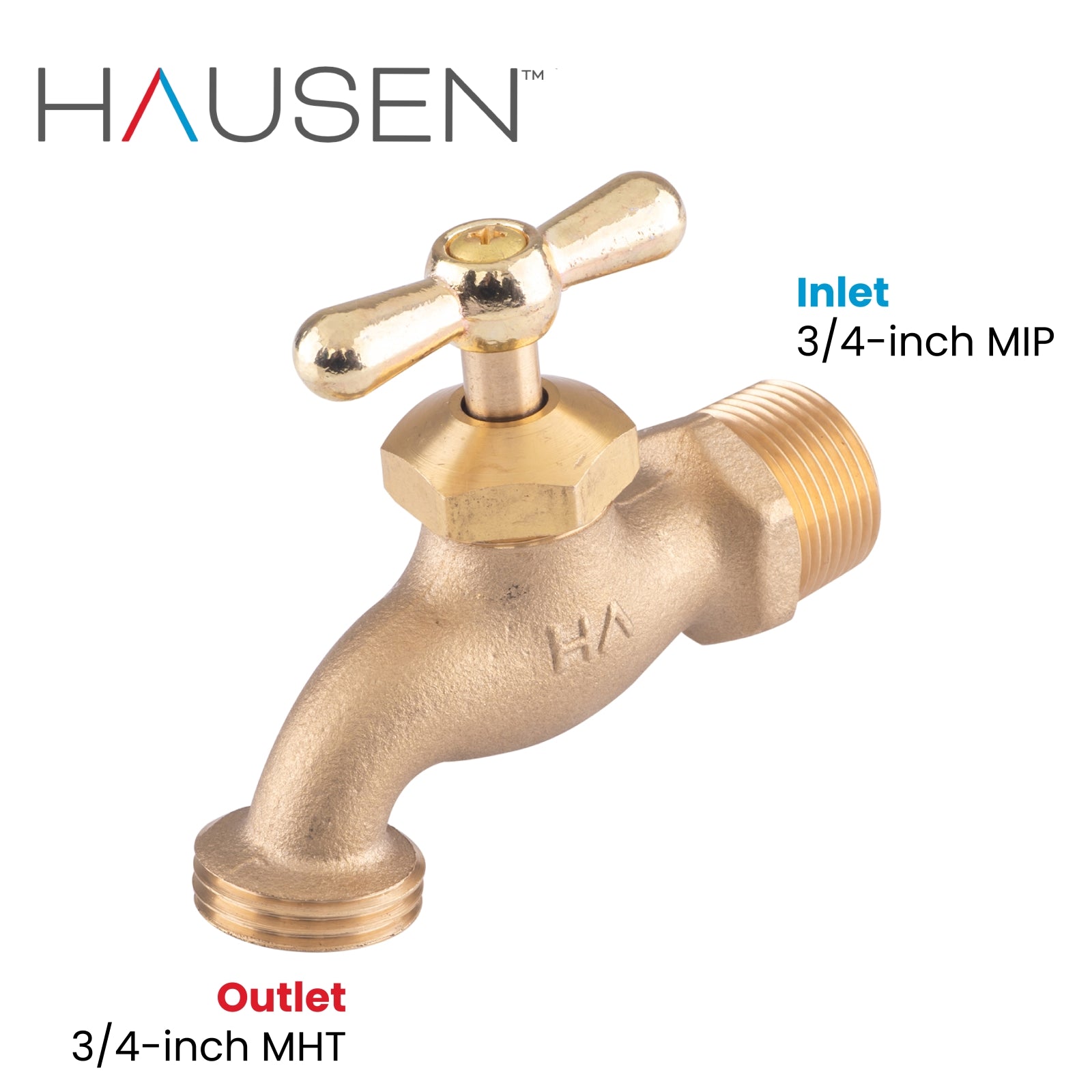 Hausen 3/4-inch MIP (Male Iron Pipe) x 3/4-inch MHT (Male Hose Thread) Brass No-Kink Angled Hose Bibb Valve with Tee Handle Shutoff; cUPC Certified, Compatible with Standard Garden Hoses, 1-pack