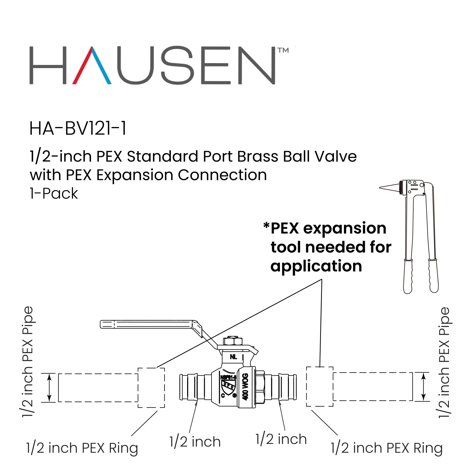 Hausen 1/2-inch PEX Standard Port Brass Ball Valve with PEX Expansion Connection; Lead Free Forged Brass; Blowout Resistant Stem; For Use in Potable Water, Oil and Gas Distribution Systems, 1-Pack