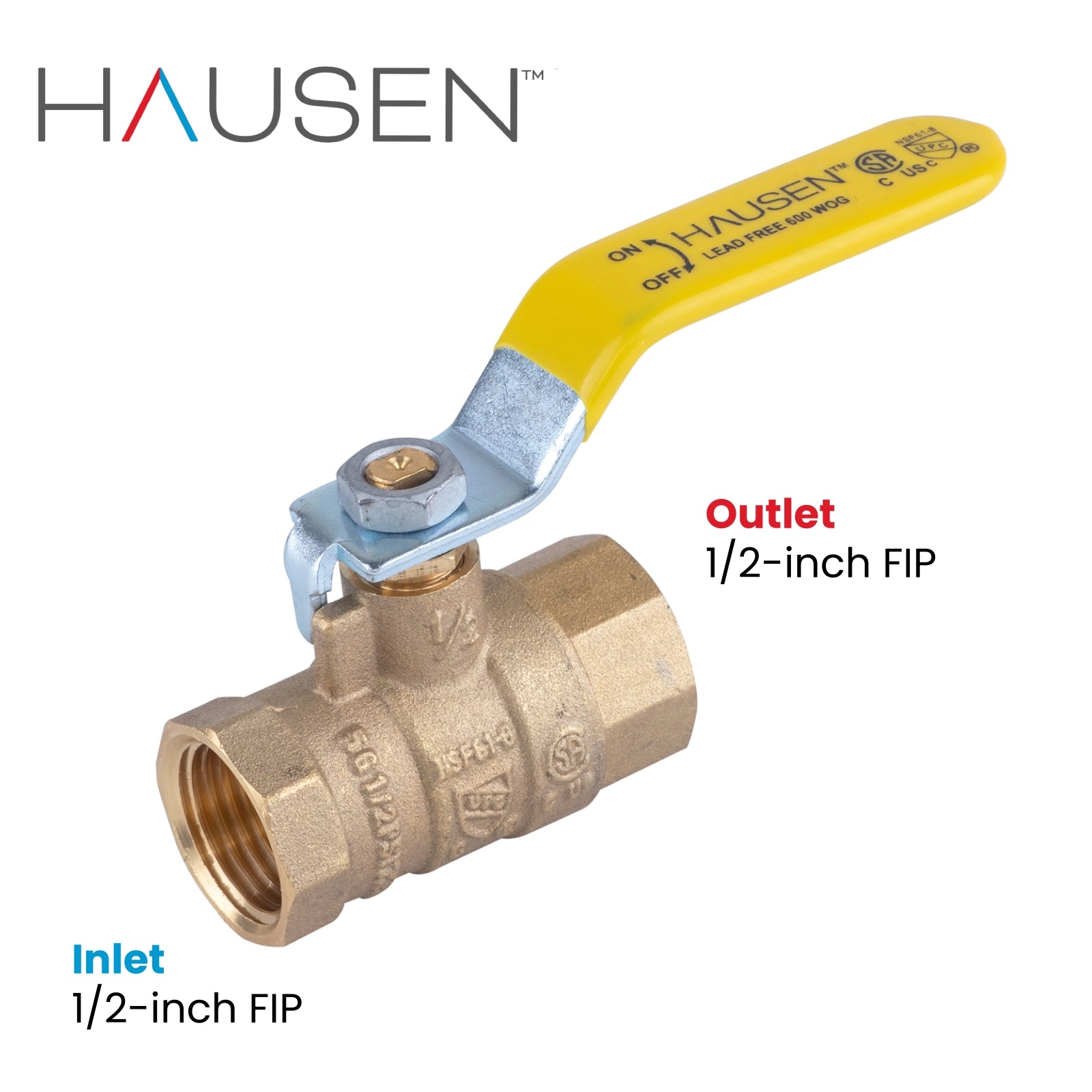 Hausen 1/2-inch FIP (Female Iron Pipe) x 1/2-inch FIP (Female Iron Pipe) Full Port Threaded Ball Valve; Lead Free Forged Brass; Blowout Resistant Stem; For Use in Potable Water Distribution Systems, 1-Pack