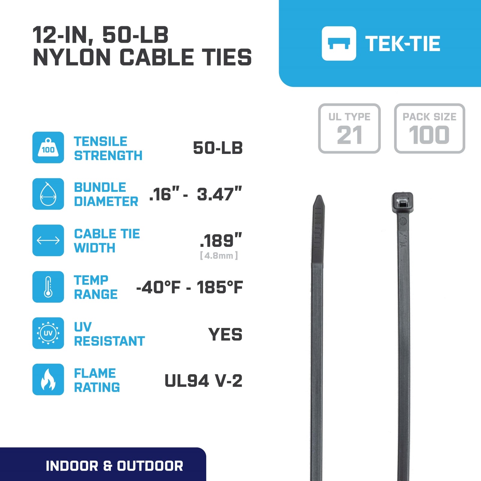 12-inch UV Resistant Black Releasable Pawl Cable Tie, 50-lb Tensile Strength, UL 21 Listed, 100-Pack