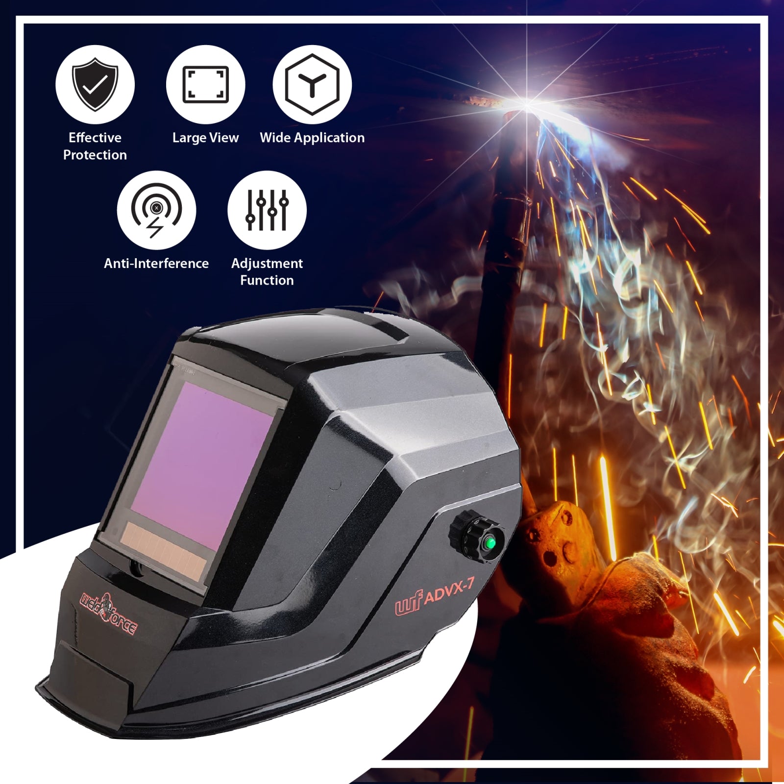 WeldForce Welding Helmet with 3.94-Inch x 3.64-Inch Viewing Area, Features Four Arc Sensors for Variable Shade Auto Darkening, Provides 1/1/1/1 Optical Clarity, Compatible with TIG, MIG, MMA Welding