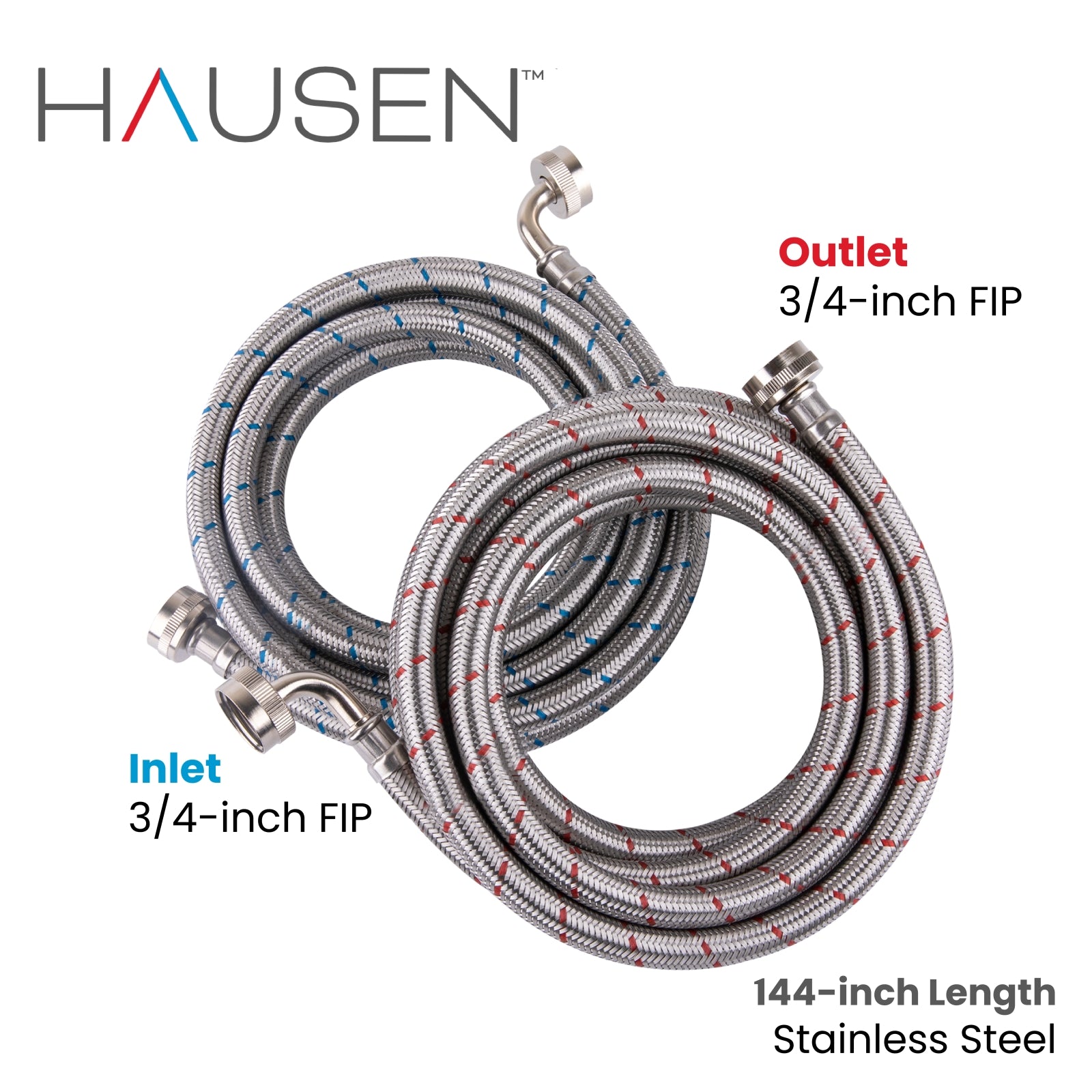 Hausen 3/4-inch FIP (Female Iron Pipe) x 3/4-inch FIP (Female Iron Pipe) x 144-inch (12-Feet) Length Stainless Steel Washing Machine Water Supply Connector with Elbow; For Cold/Hot Water Connections, 1-Pack