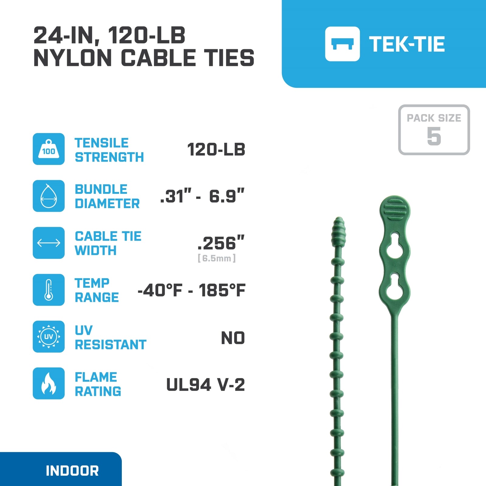 24-inch Green Double Loop Beaded Cable Tie, 120-lb Tensile Strength, 5-Pack