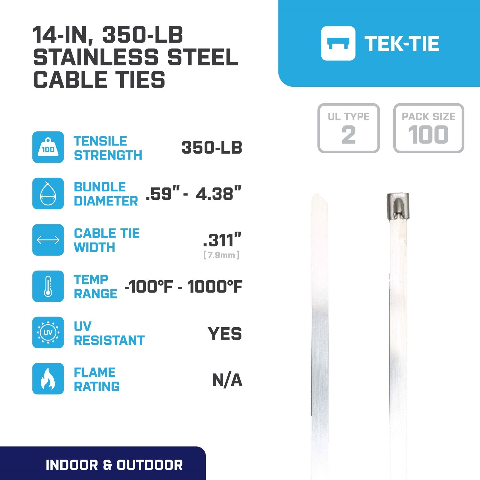 14-inch UV Resistant Stainless Steel Cable Tie, 350-lb Tensile Strength, UL 2 Listed, 100-Pack