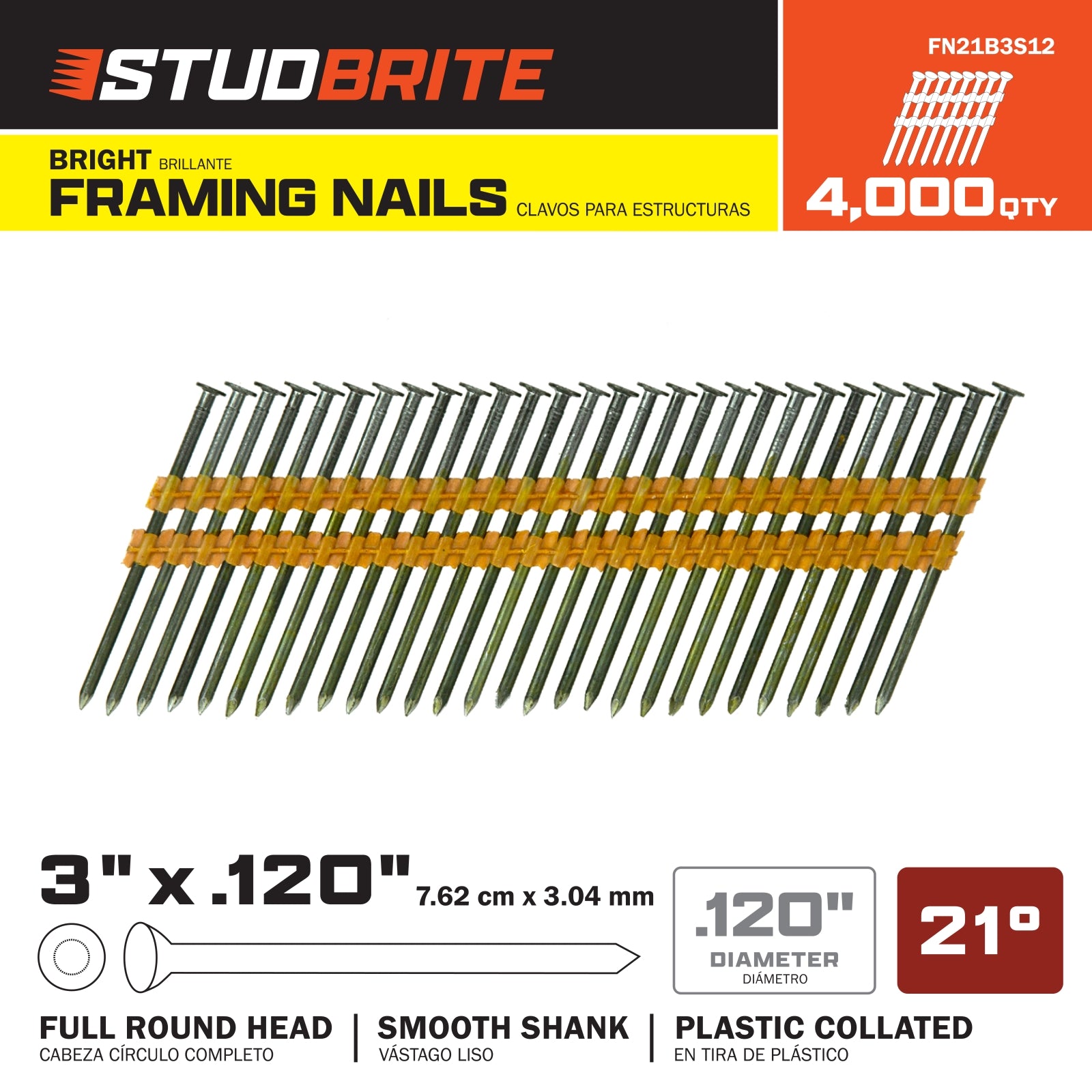 StudBrite 3 Inch x 0.120 Inch 21-Degree Bright Smooth Shank Plastic Collated Framing Nails 4,000 Per Box