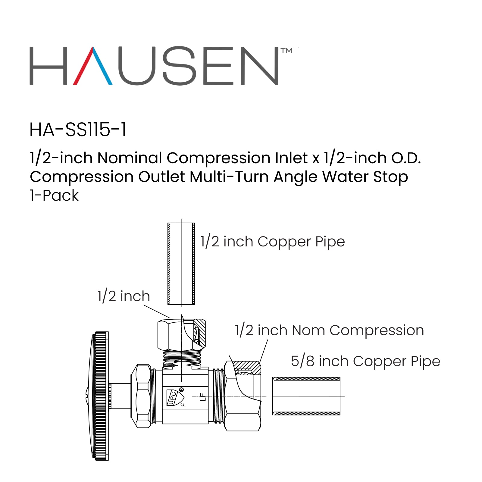 Hausen 1/2-inch Nominal Compression Inlet x 1/2-inch O.D. Compression Outlet Multi-Turn Angle Water Stop; Lead-Free Forged Brass; Chrome-Plated; cUPC/ANSI/NSF Certified; Compatible with Copper Piping, 1-Pack