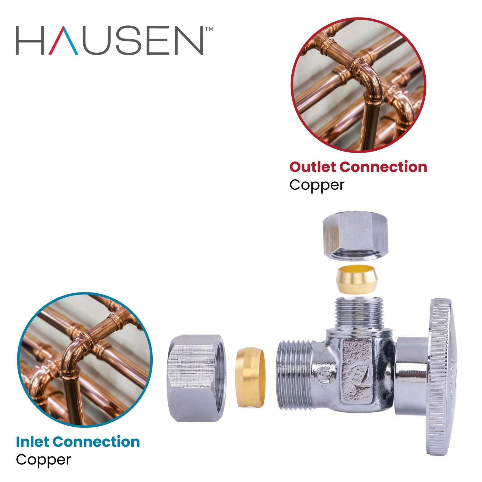 Hausen 1/2-inch Nominal Compression Inlet x 3/8-inch O.D. Compression Outlet 1/4-Turn Angle Water Stop; Lead-Free Forged Brass; Chrome-Plated; cUPC/ANSI/NSF Certified; Compatible with Copper Piping, 1-Pack