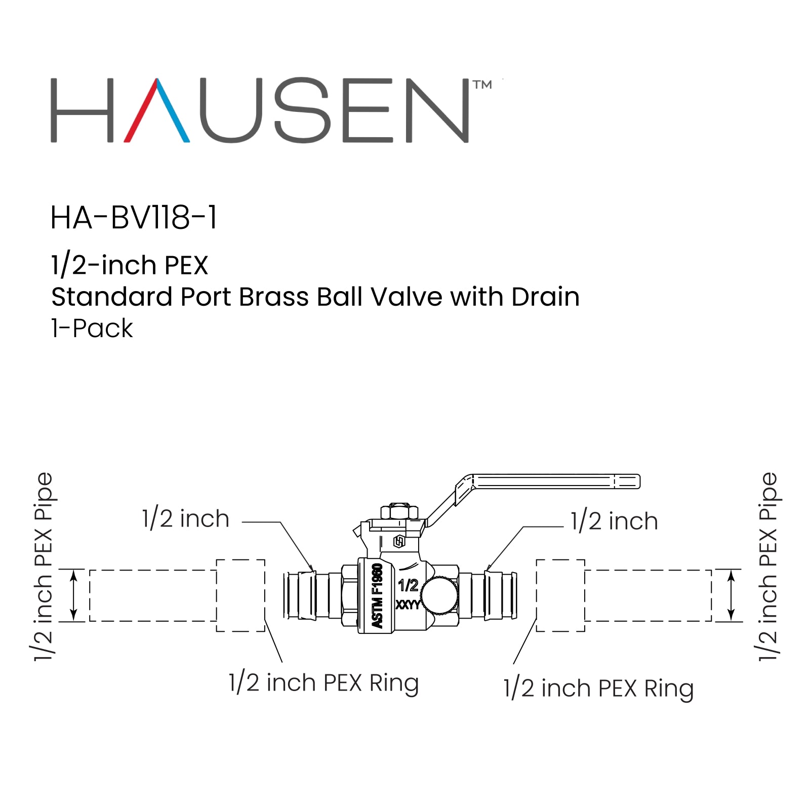 Hausen 1/2-inch PEX Standard Port Brass Ball Valve with Drain; Lead Free Forged Brass; Blowout Resistant Stem; cUPC/ANSI/NSF Certified; For Use in Potable Water, Oil and Gas Distribution Systems, 1-Pack