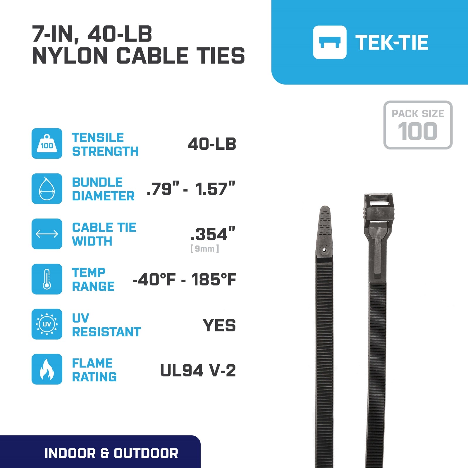 7-inch UV Resistant Black Low Profile Cable Tie, 40-lb Tensile Strength, 100-Pack