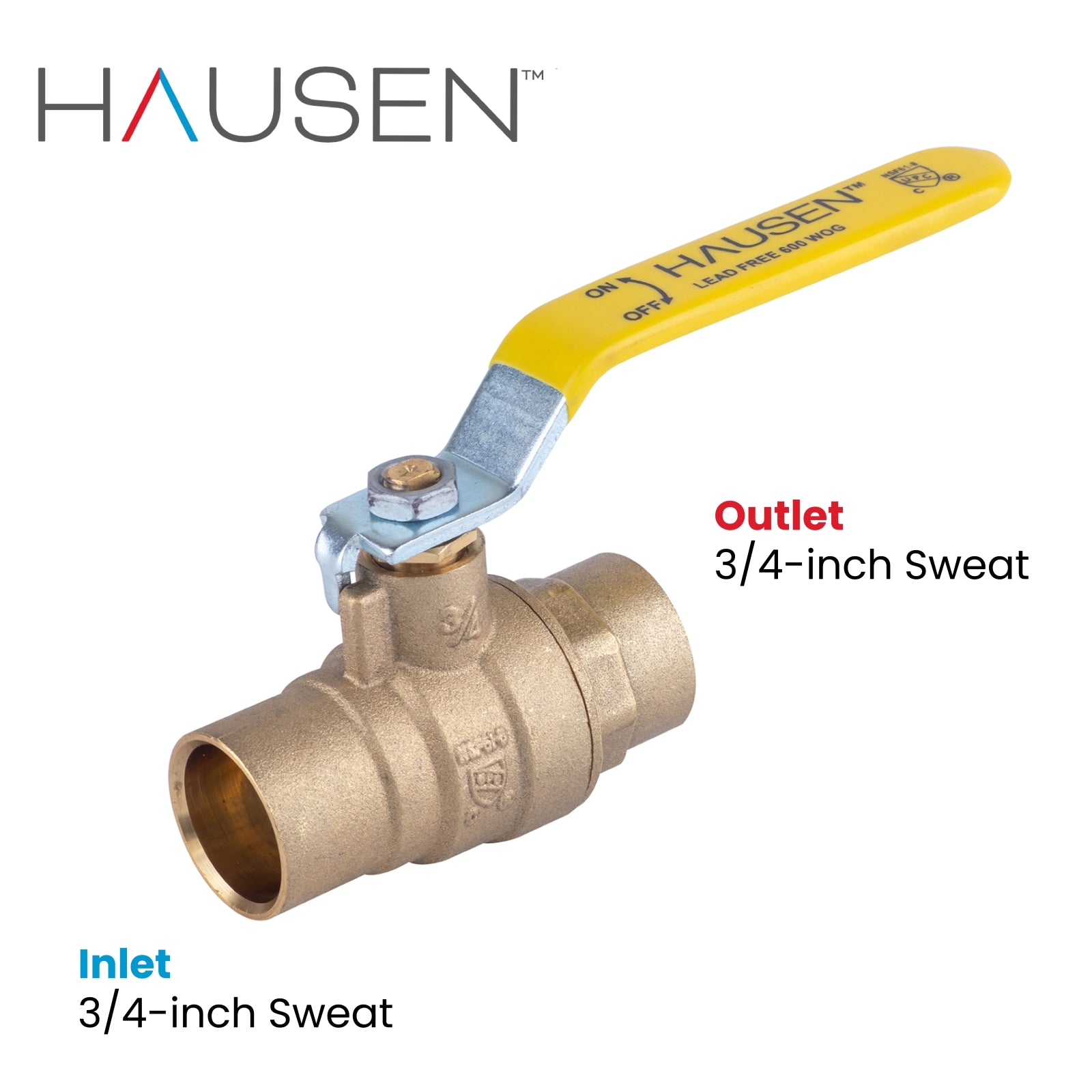 Hausen 3/4-inch Sweat x 3/4-inch Sweat Full Port Brass Ball Valve; Lead Free Forged Brass; Blowout Resistant Stem; cUPC/ANSI/NSF Certified; For Use in Potable Water Distribution Systems, 1-Pack