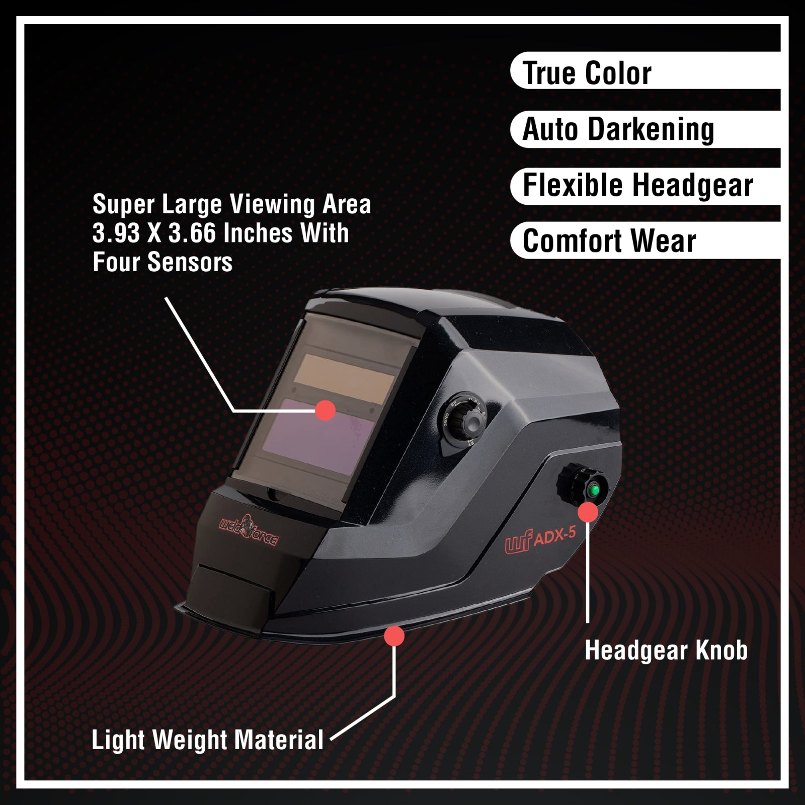 WeldForce Welding Helmet with 3.62-Inch x 1.65-Inch Viewing Area, Features Two Arc Sensors for Variable Shade Auto Darkening, Compatible with TIG, MIG, MMA Welding, Black