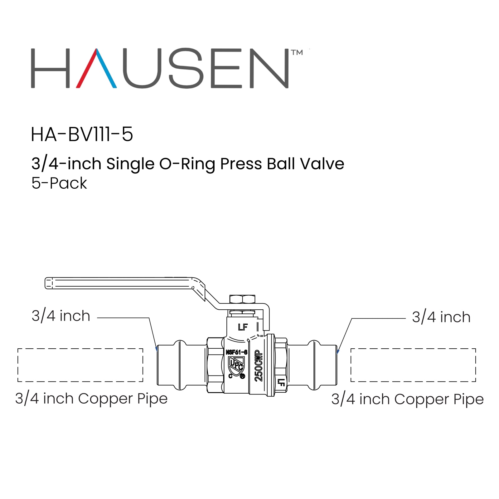 Hausen 3/4-inch Single O-Ring Press Ball Valve; Lead Free Forged Brass; Blowout Resistant Stem; For Use in Potable Water Distribution Systems, Hydronic Heating and Chilled Water, 5-Pack