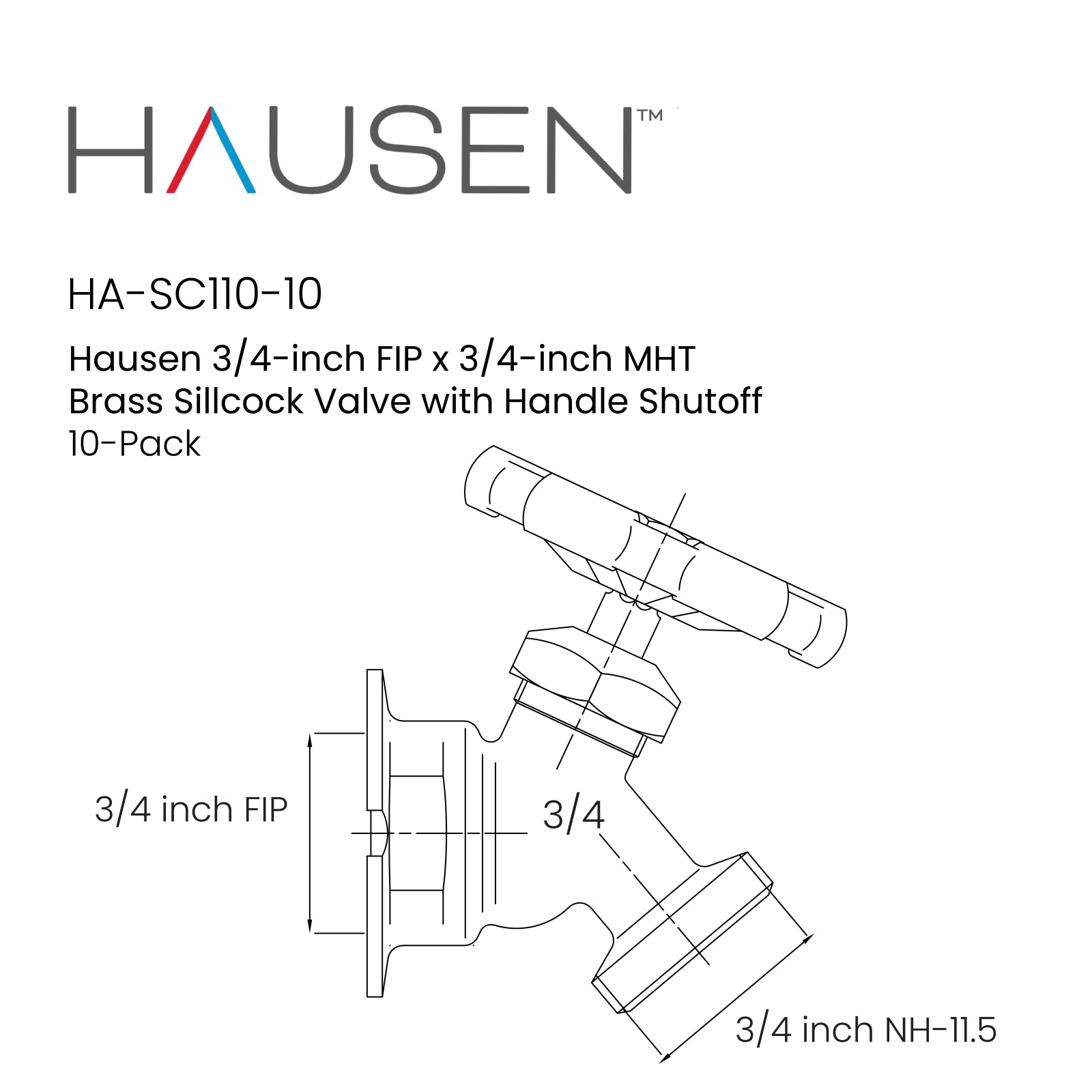 Hausen 3/4-inch FIP (Female Iron Pipe) x 3/4-inch MHT (Male Hose Thread) Brass Sillcock Valve with Handle Shutoff; cUPC Certified, Compatible with Standard Garden Hoses, 10-Pack