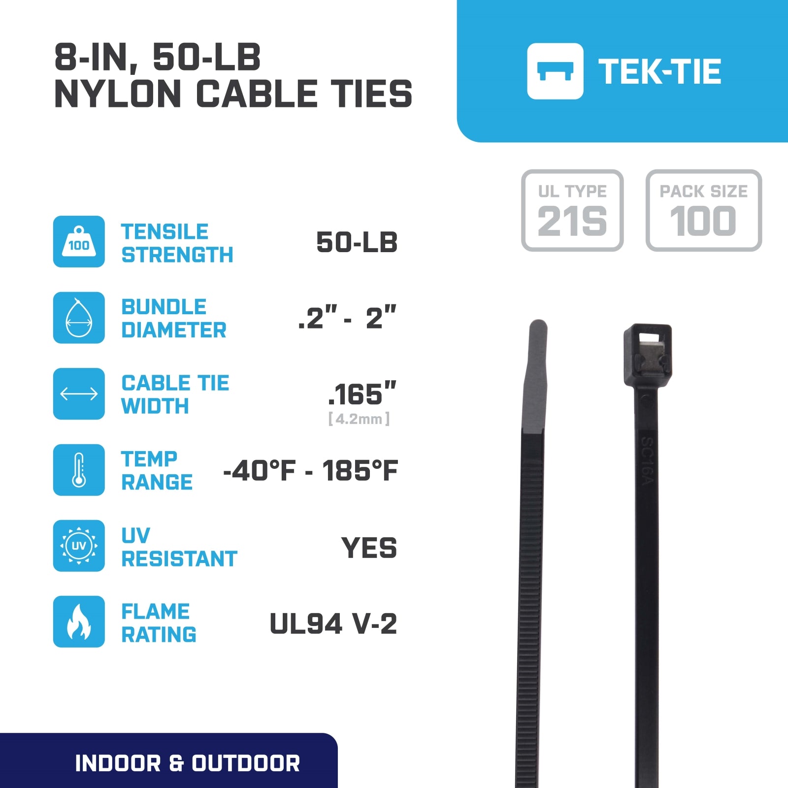 8-inch UV Resistant Black Twist & Cut Cable Tie, 50-lb Tensile Strength, 100-Pack