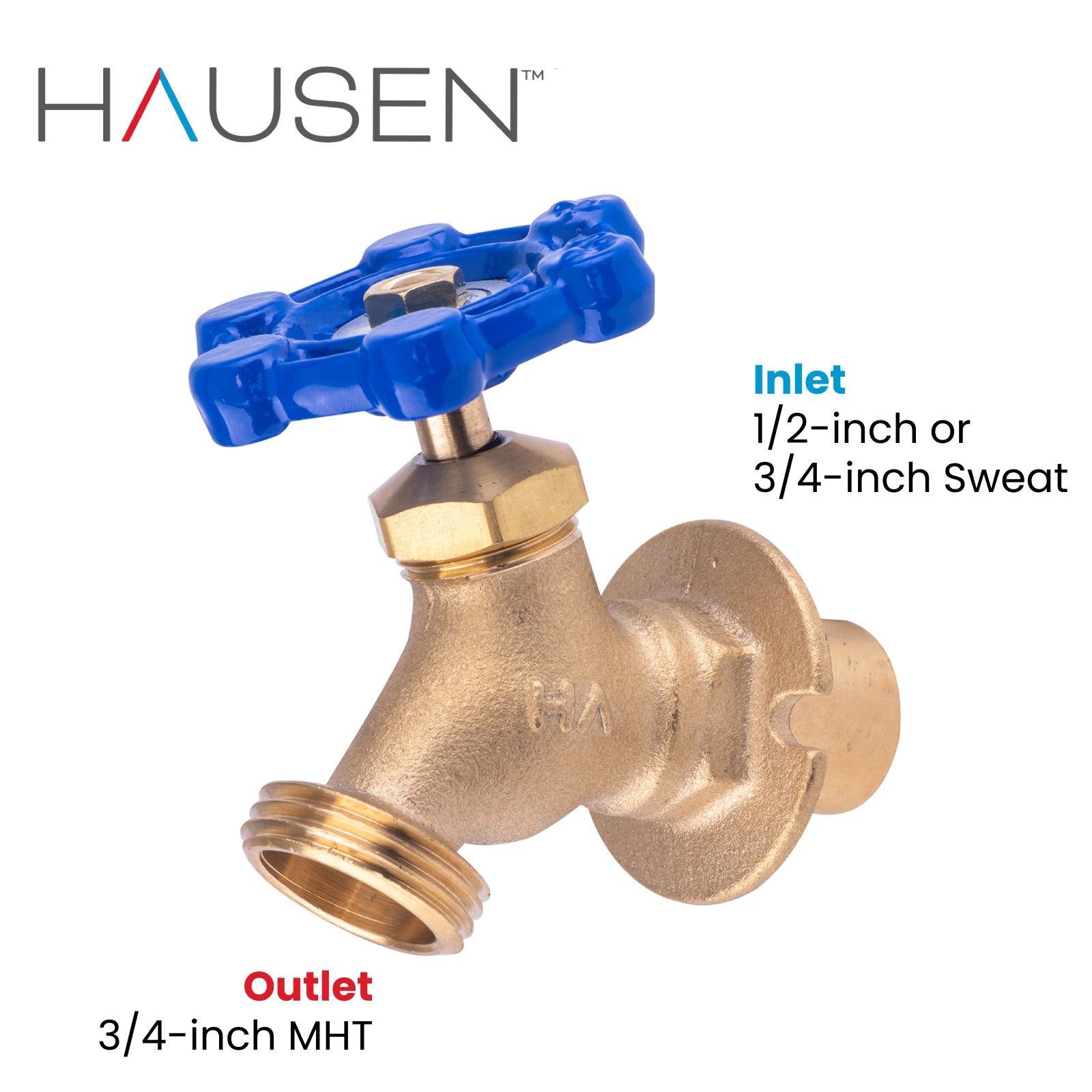 Hausen 1/2-inch or 3/4-inch Sweat x 3/4-inch MHT (Male Hose Thread) Brass Sillcock Valve with Handle Shutoff; cUPC Certified, Compatible with Standard Garden Hoses, 1-Pack