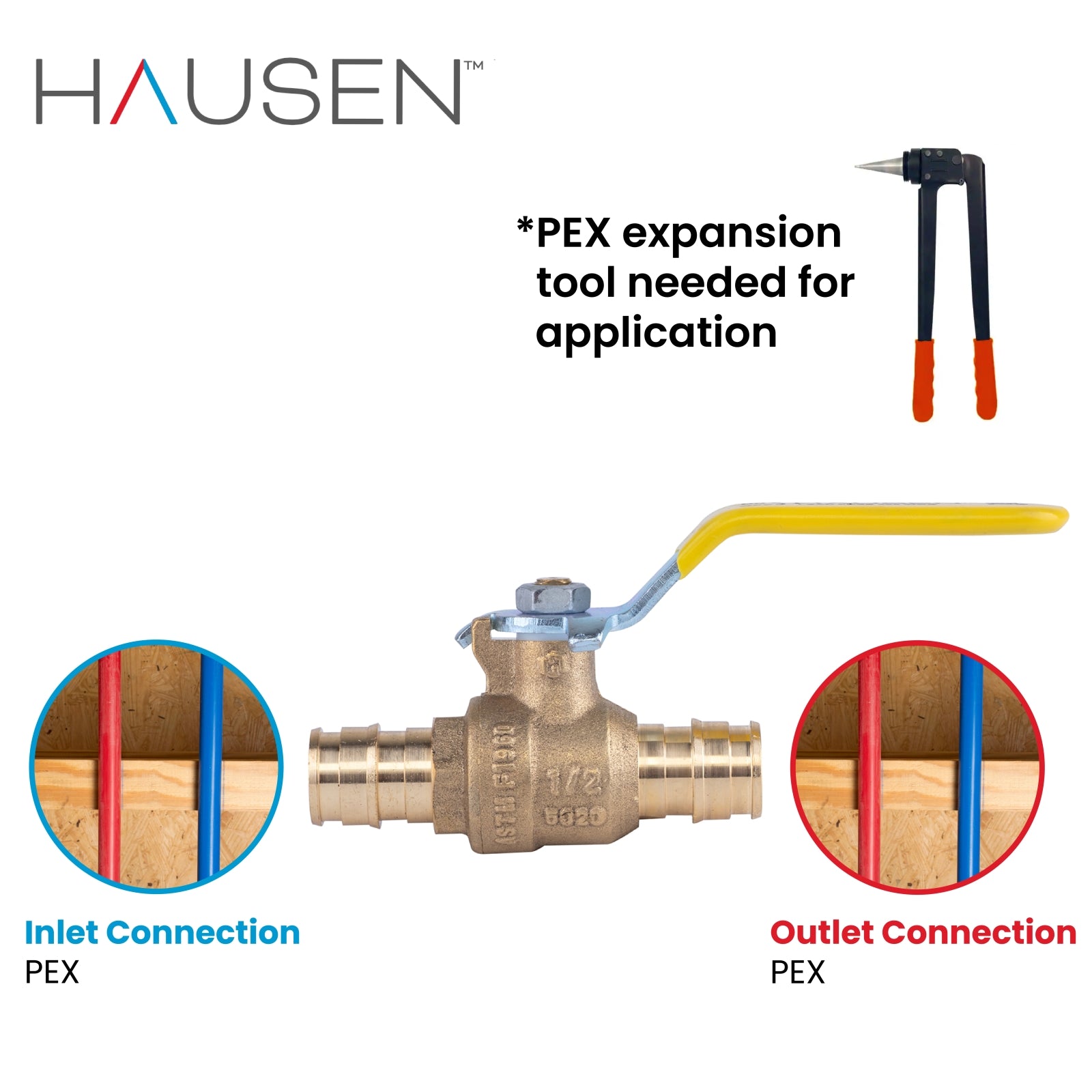 Hausen 1/2-inch PEX Standard Port Brass Ball Valve with PEX Expansion Connection; Lead Free Forged Brass; Blowout Resistant Stem; For Use in Potable Water, Oil and Gas Distribution Systems, 1-Pack