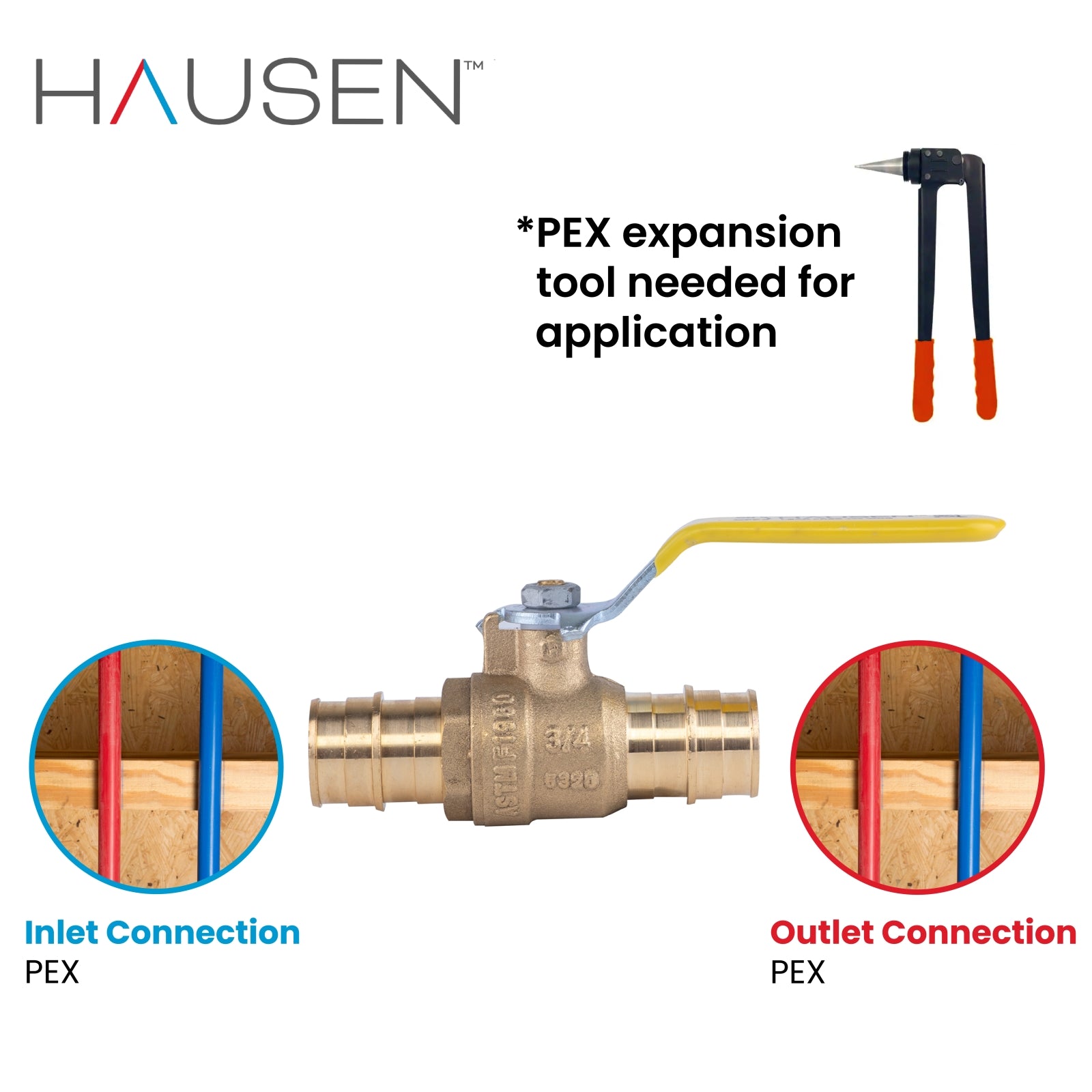 Hausen 3/4-inch PEX Standard Port Brass Ball Valve with PEX Expansion Connection; Lead Free Forged Brass; Blowout Resistant Stem; For Use in Potable Water, Oil and Gas Distribution Systems, 1-Pack