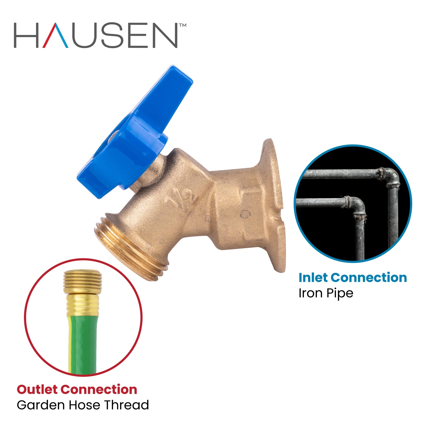 Hausen 1/2-inch FIP (Female Iron Pipe) x 3/4-inch MHT (Male Hose Thread) Brass Sillcock Valve with 1/4-Turn Lever Handle Shutoff; cUPC Certified, Compatible with Standard Garden Hoses, 1-Pack