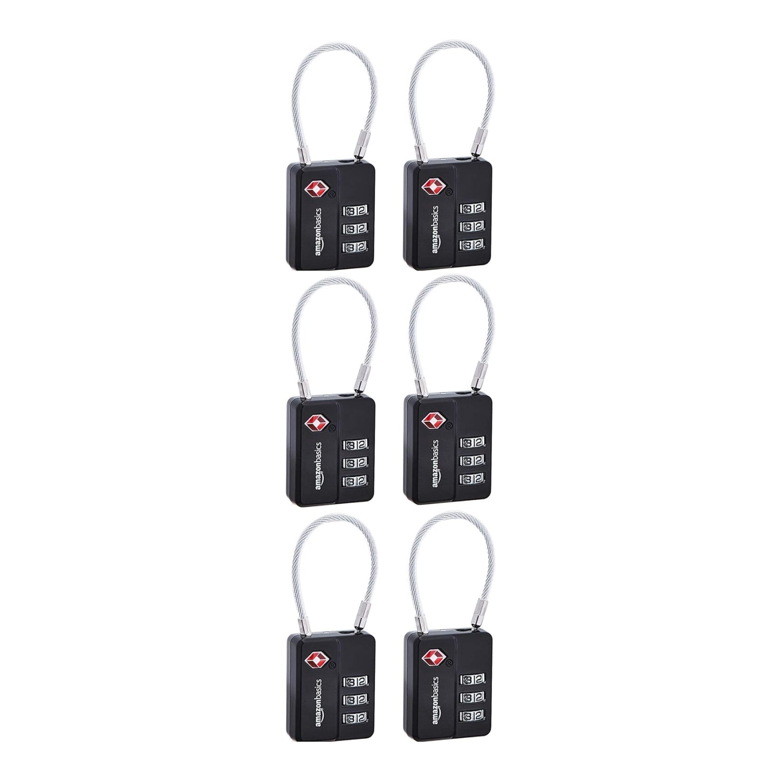 AmazonBasics TSA Accepted Cable 3-Digit Combination Lock, Black, 6-Pack