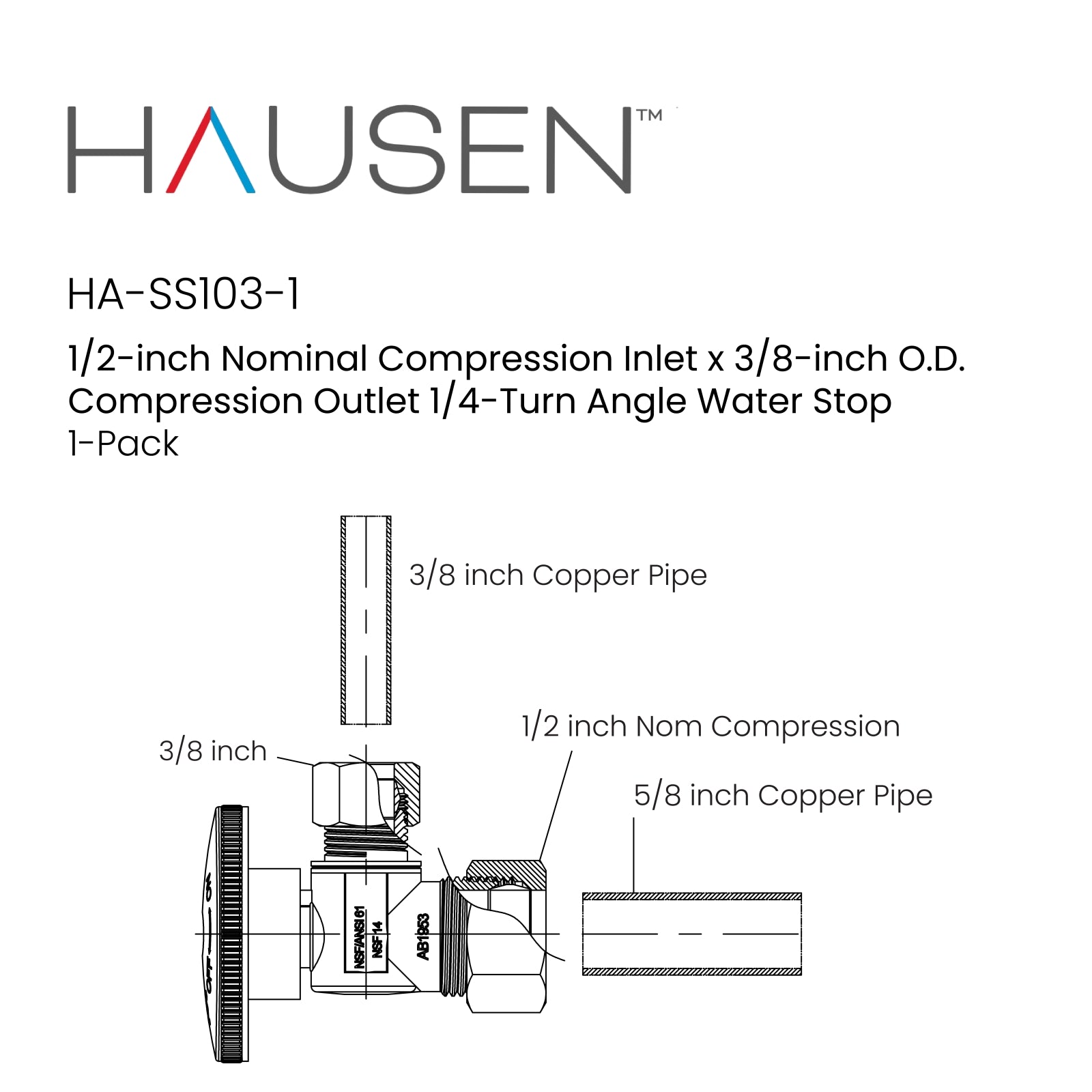 Hausen 1/2-inch Nominal Compression Inlet x 3/8-inch O.D. Compression Outlet 1/4-Turn Angle Water Stop; Lead-Free Forged Brass; Chrome-Plated; cUPC/ANSI/NSF Certified; Compatible with Copper Piping, 1-Pack