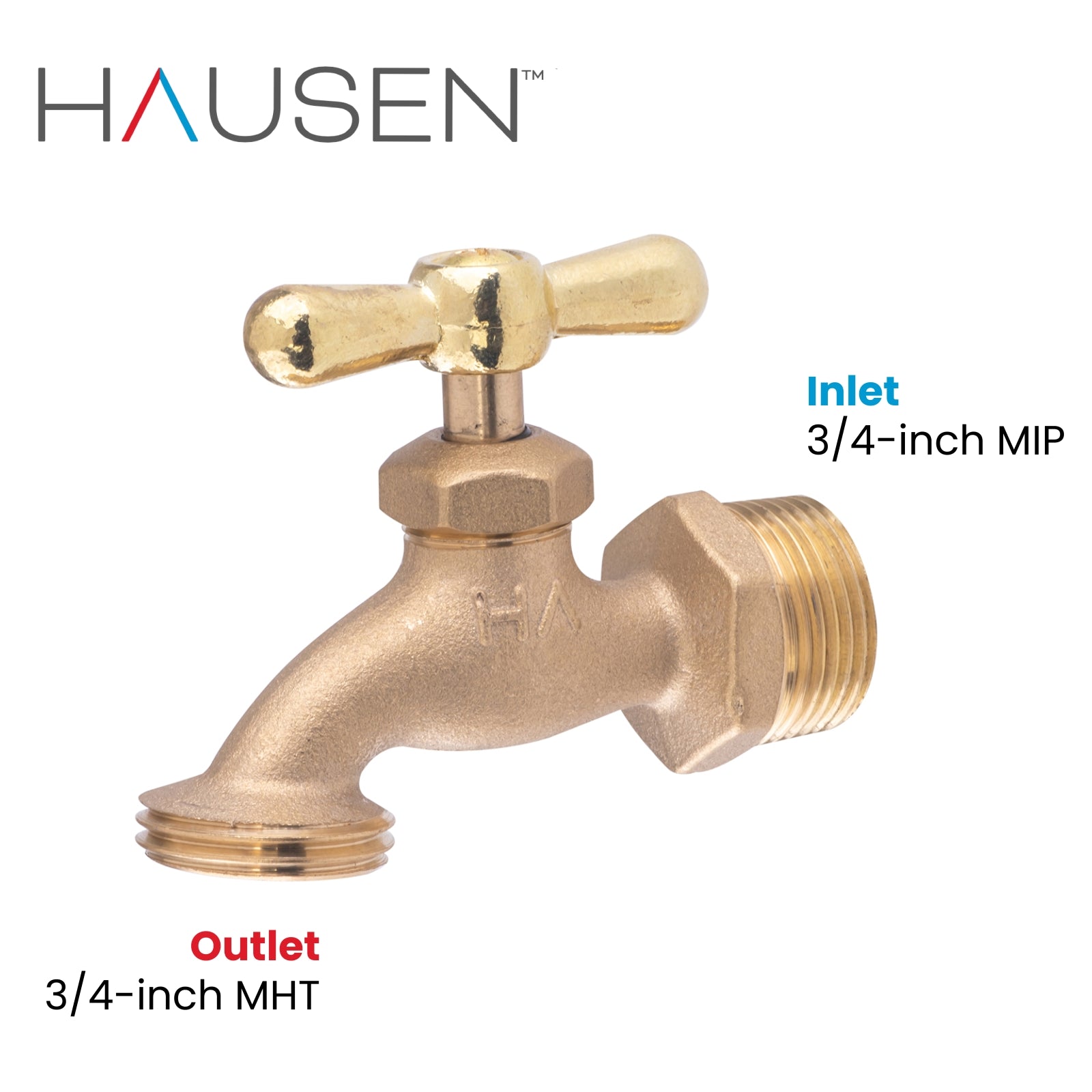 Hausen 3/4-inch MIP (Male Iron Pipe) x 3/4-inch MHT (Male Hose Thread) Brass Hose Bibb Valve with Tee Handle Shutoff; cUPC Certified, Compatible with Standard Garden Hoses, 10-pack