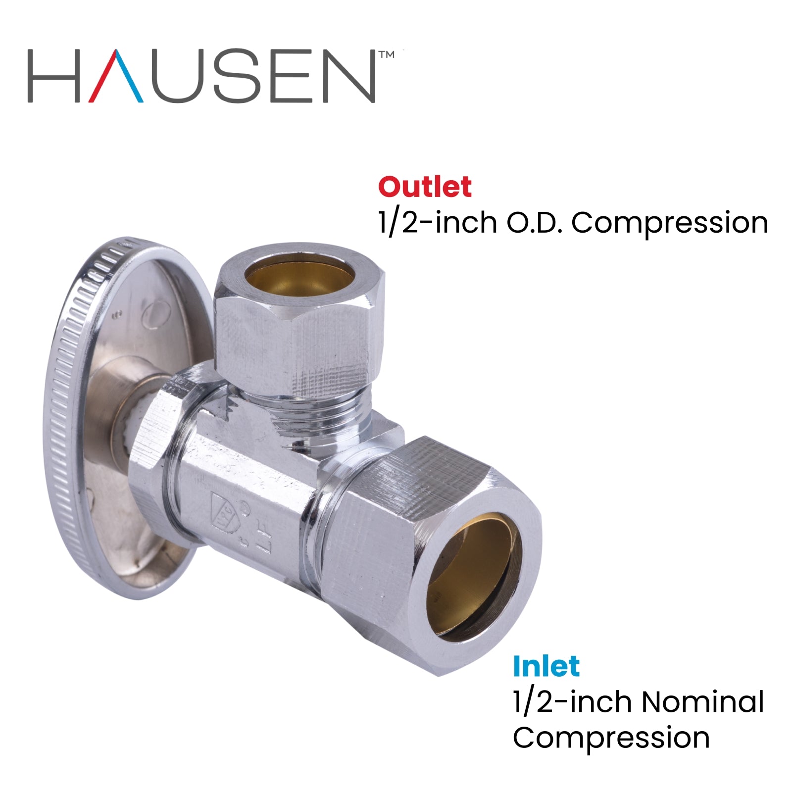 Hausen 1/2-inch Nominal Compression Inlet x 1/2-inch O.D. Compression Outlet Multi-Turn Angle Water Stop; Lead-Free Forged Brass; Chrome-Plated; cUPC/ANSI/NSF Certified; Compatible with Copper Piping, 5-Pack