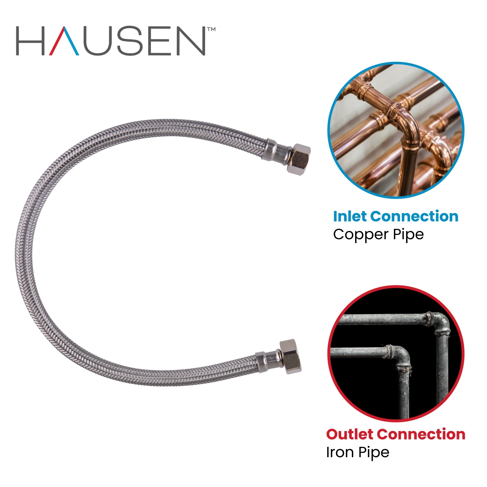 Hausen 7/16-inch Compression x 1/2-inch FIP (Female Iron Pipe) x 20-inch Length Stainless Steel Faucet Water Supply Connector; Lead Free; cUPC and NSF-61 Certified; Compatible with Standard Faucets, 2-Pack