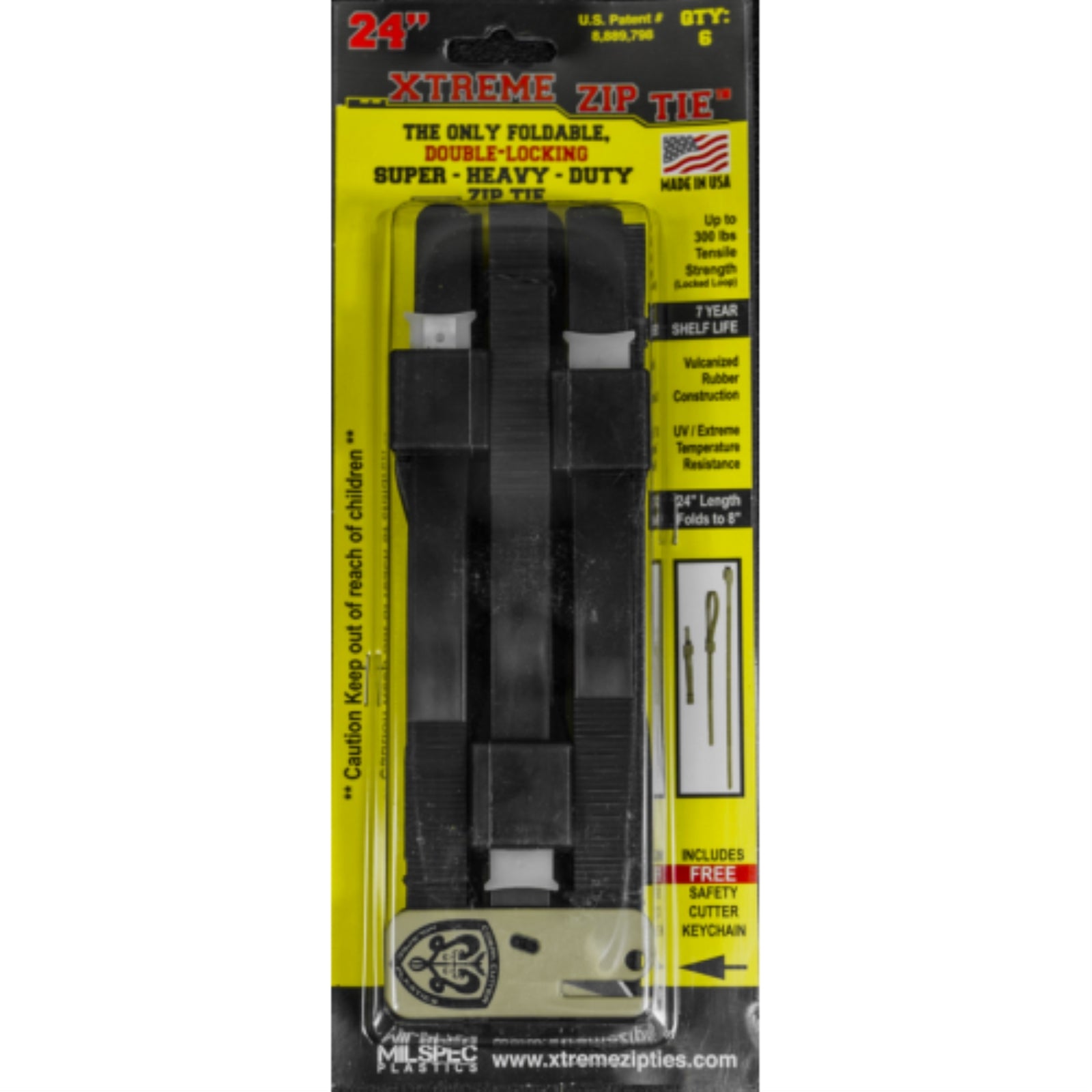 24-inch Black Xtreme Zip Ties with Cutter, 300-lb Tensile Strength, 6-Pack