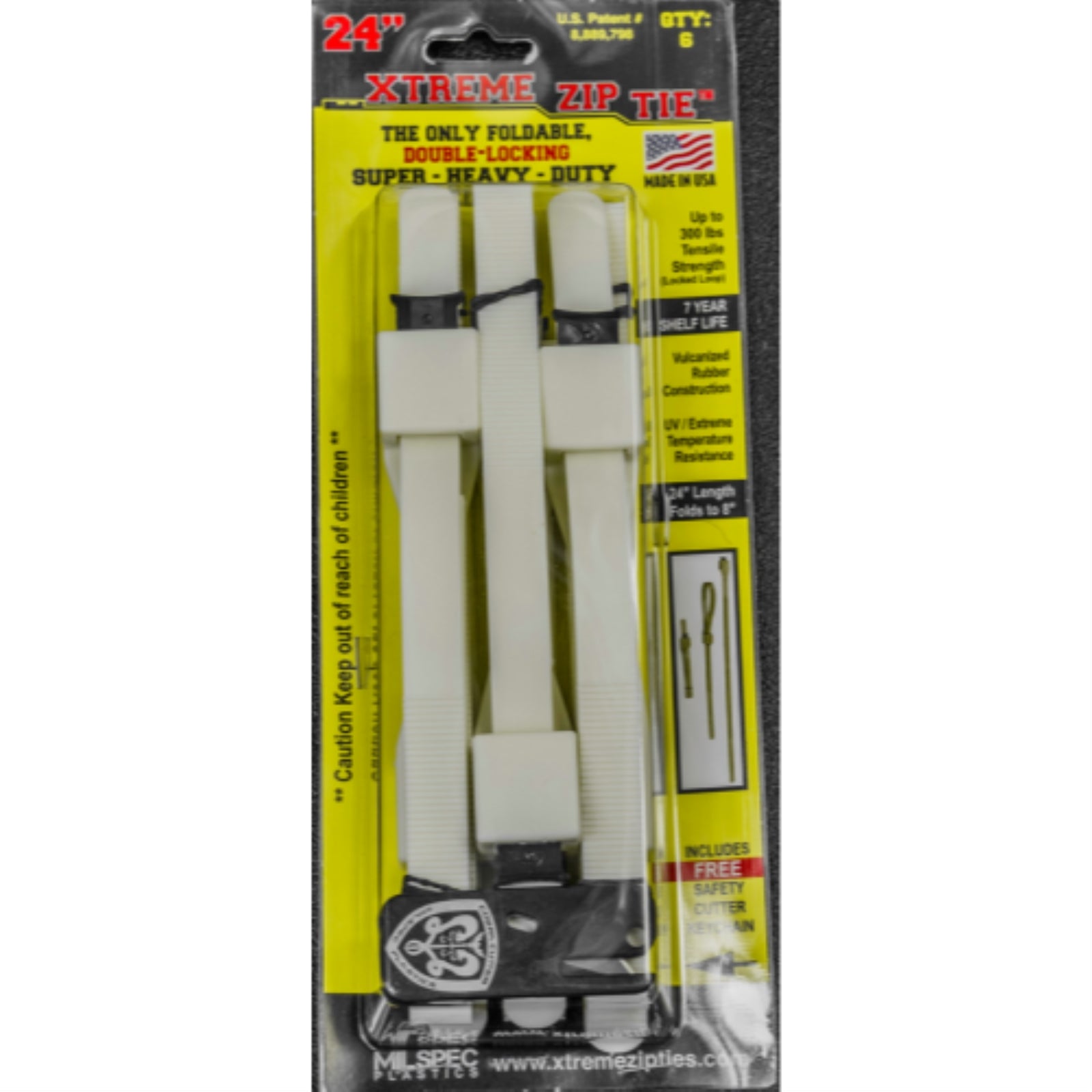 24-inch White Xtreme Zip Ties with Cutter, 300-lb Tensile Strength, 6-Pack