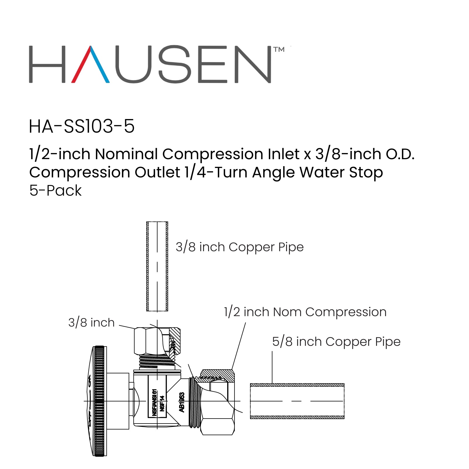 Hausen 1/2-inch Nominal Compression Inlet x 3/8-inch O.D. Compression Outlet 1/4-Turn Angle Water Stop; Lead-Free Forged Brass; Chrome-Plated; cUPC/ANSI/NSF Certified; Compatible with Copper Piping, 5-Pack