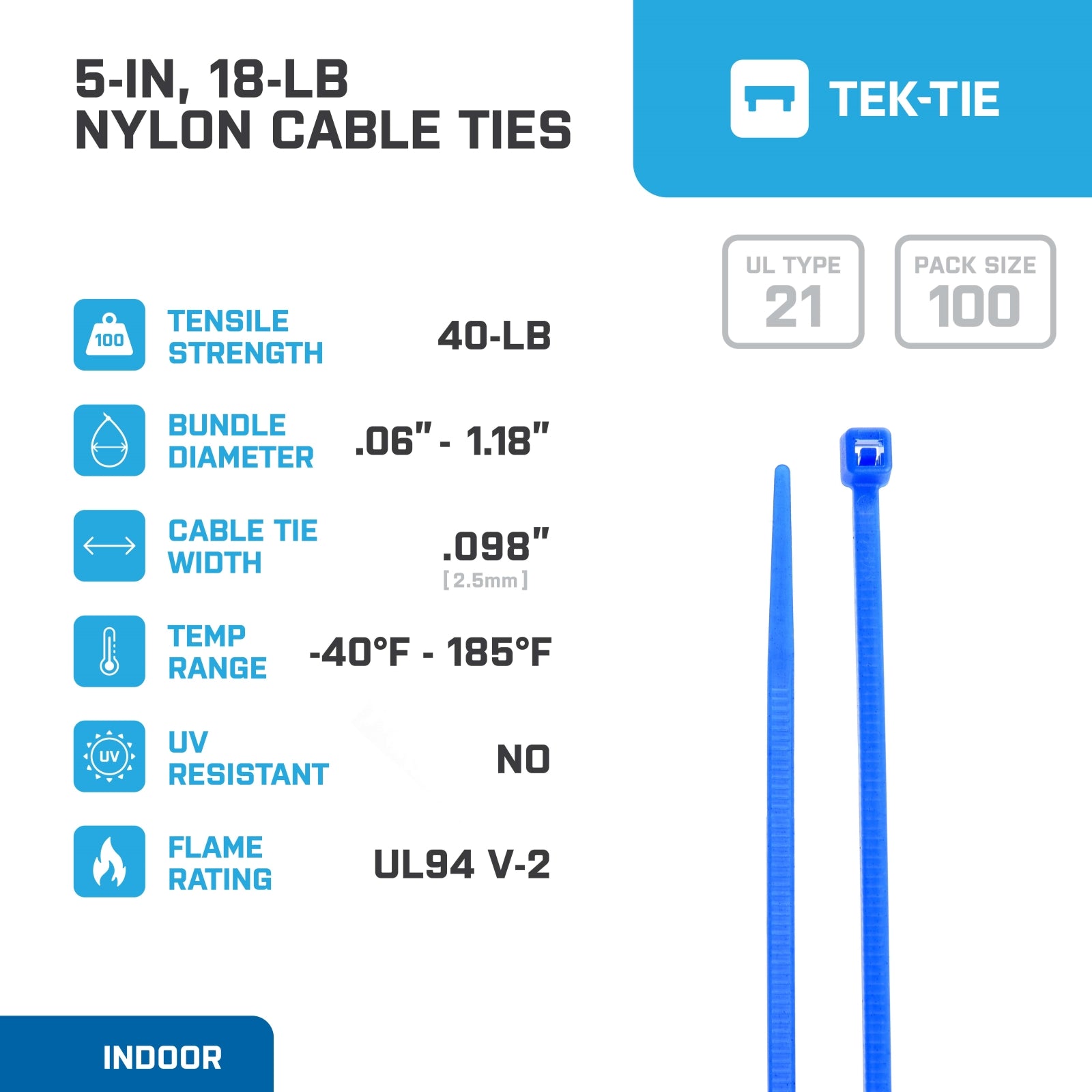 5-inch Blue Multi-Purpose Cable Tie, 18-lb Tensile Strength, UL 21 Listed, 100-Pack