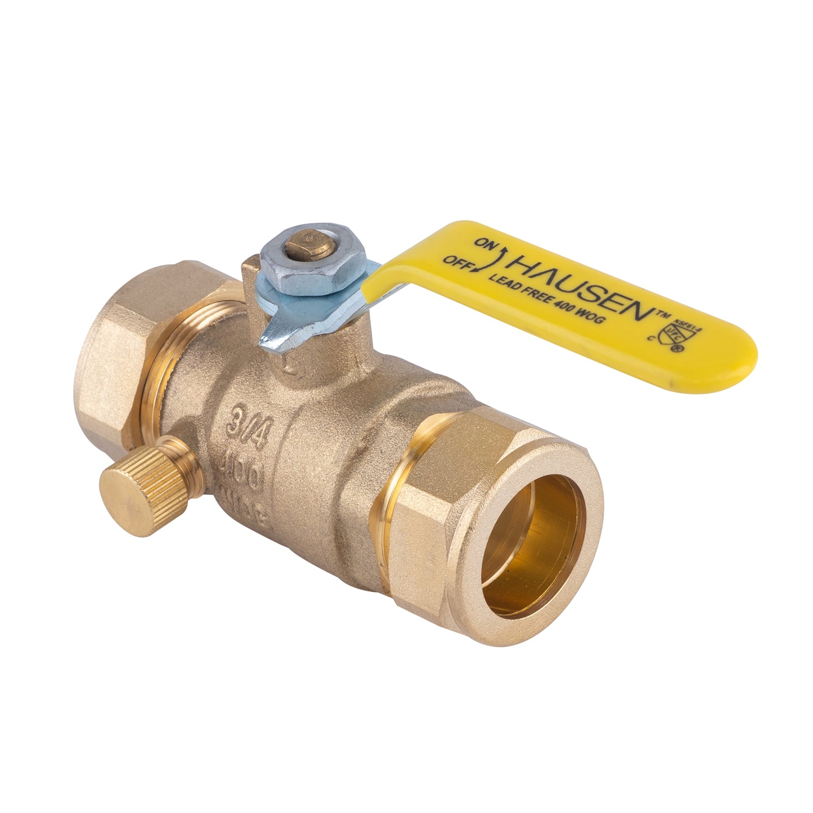 Hausen 3/4-inch Compression Standard Port Brass Ball Valve with Drain; Lead Free Forged Brass; Blowout Resistant Stem; For Use in Potable Water, Oil and Gas Distribution Systems, 1-Pack