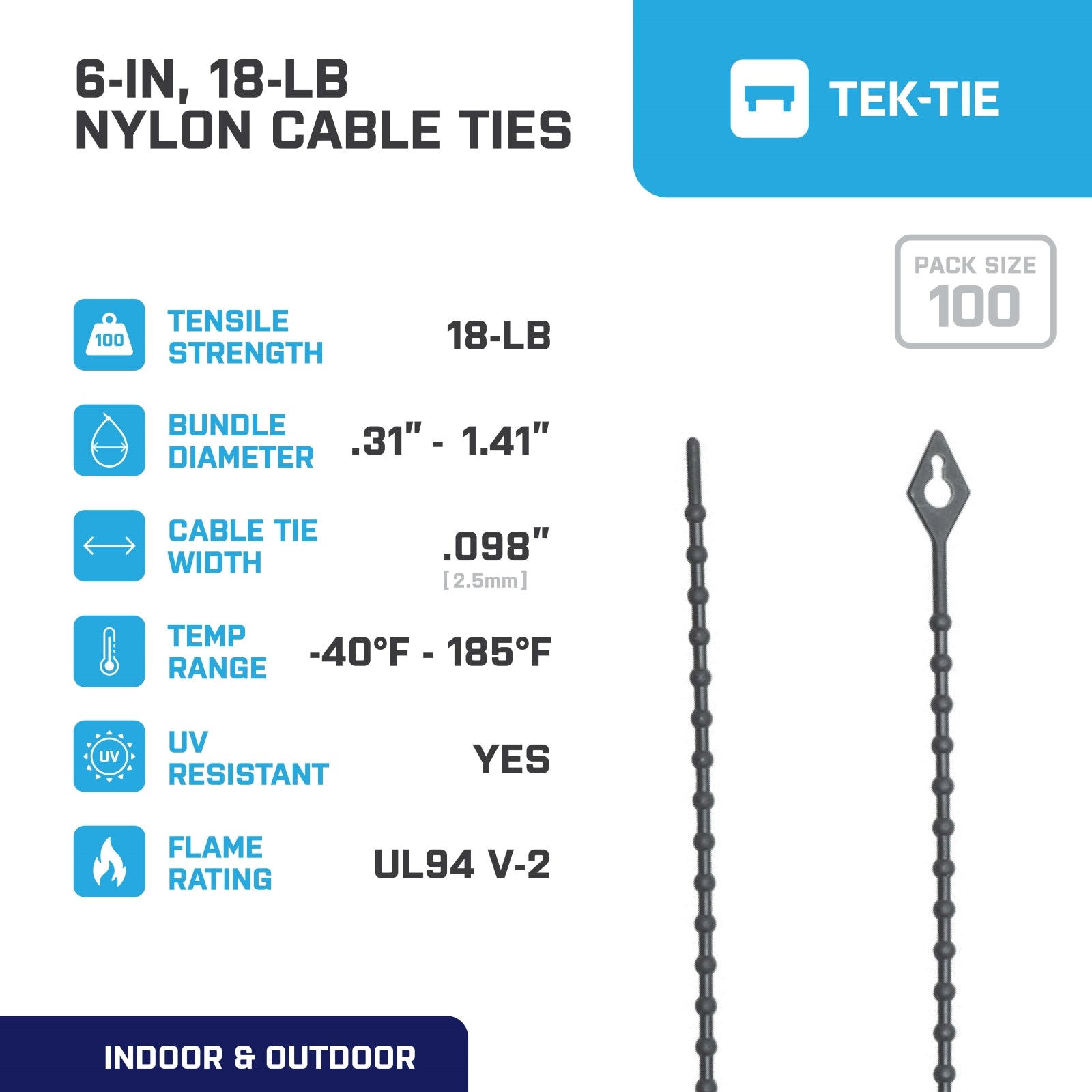 6-inch UV Resistant Black Beaded Cable Tie, 18-lb Tensile Strength, 100-Pack