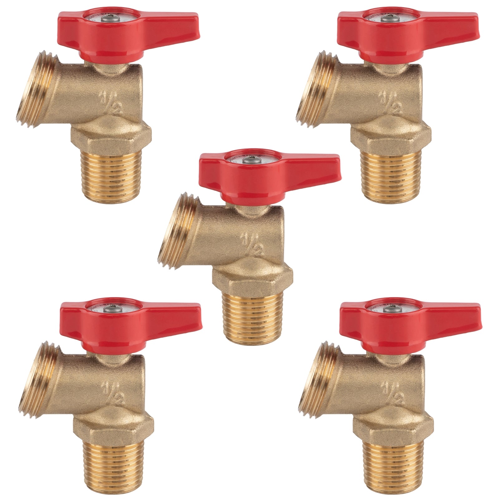 Hausen 1/2-inch MIP (Male Iron Pipe) or 1/2-inch Sweat x 3/4-inch MHT (Male Hose Thread) Brass Boiler Drain Valve with Lever Handle; Compatible with Boilers and Water Heaters, 5-Pack