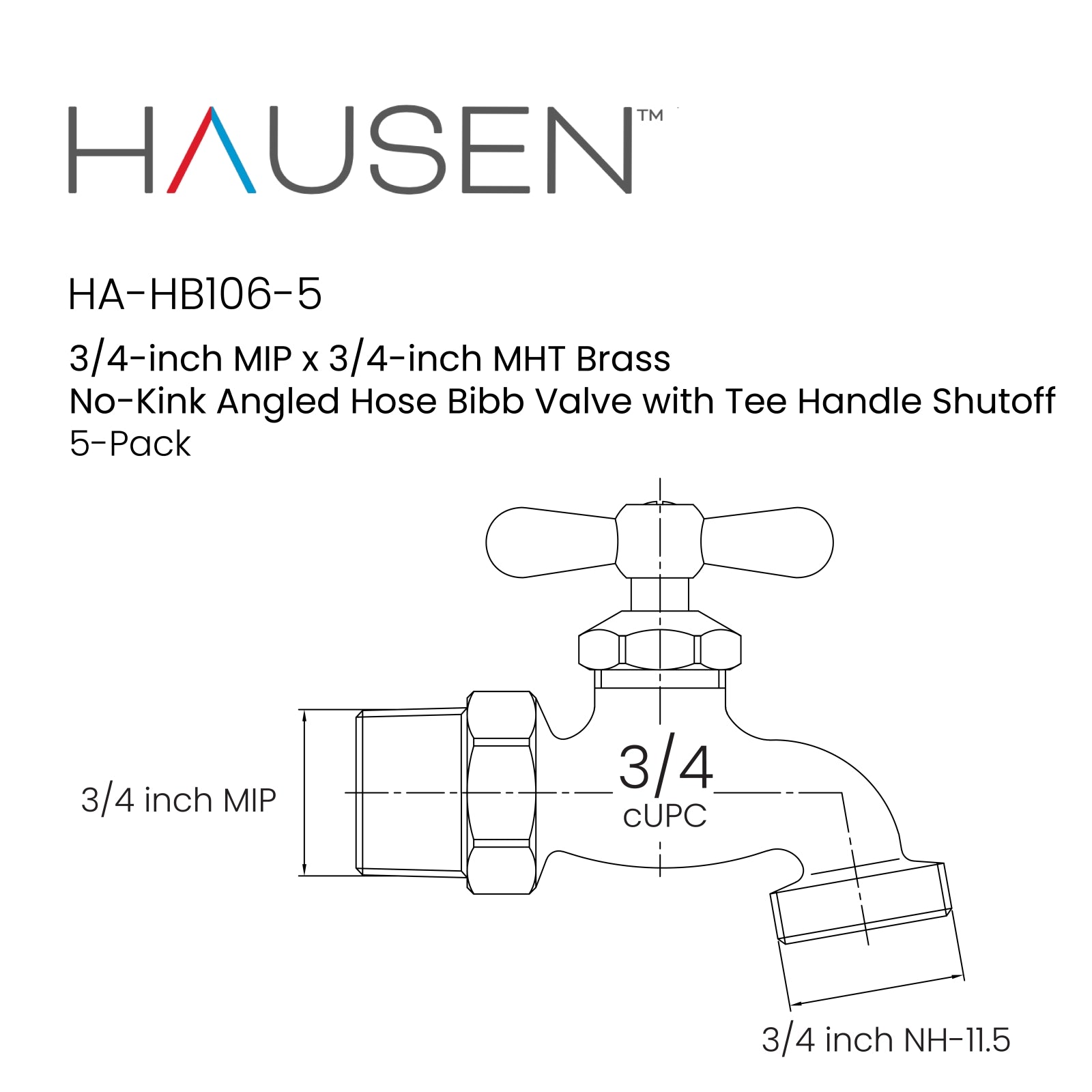 Hausen 3/4-inch MIP (Male Iron Pipe) x 3/4-inch MHT (Male Hose Thread) Brass No-Kink Angled Hose Bibb Valve with Tee Handle Shutoff; cUPC Certified, Compatible with Standard Garden Hoses, 5-pack