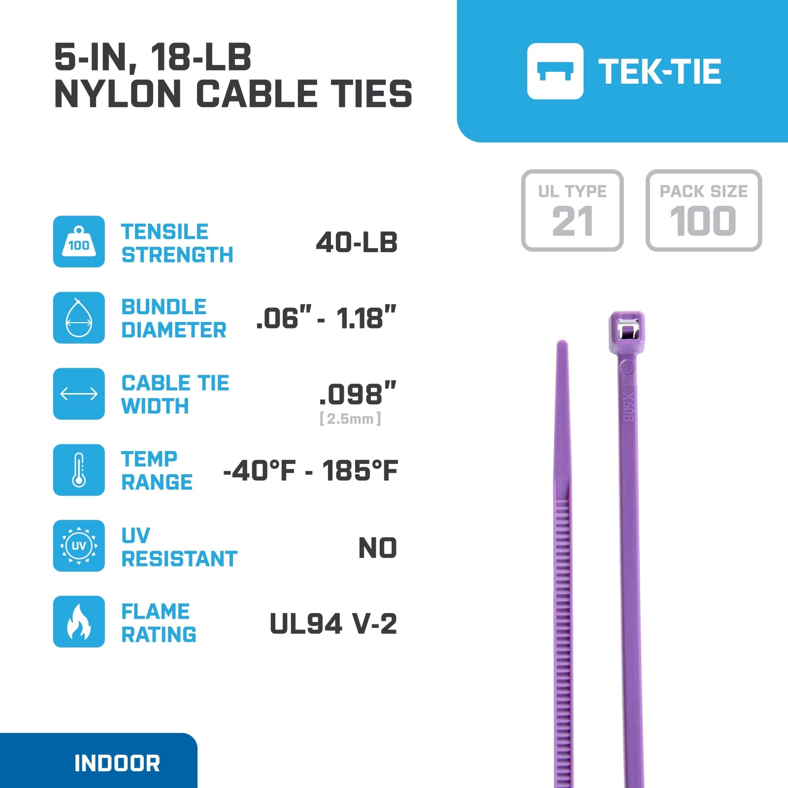 5-inch Purple Multi-Purpose Cable Tie, 18-lb Tensile Strength, UL 21 Listed, 100-Pack