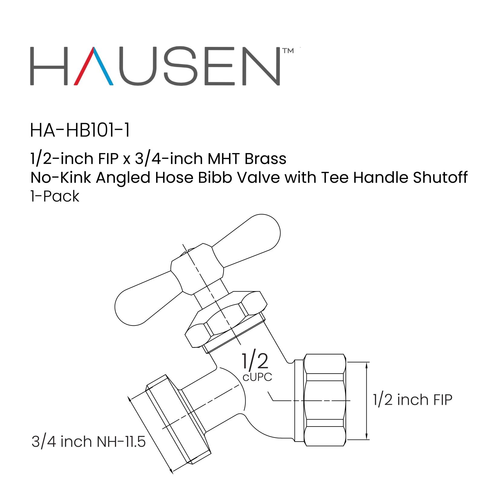 Hausen 1/2-inch FIP (Female Iron Pipe) x 3/4-inch MHT (Male Hose Thread) Brass No-Kink Angled Hose Bibb Valve with Tee Handle Shutoff; cUPC Certified, Compatible with Standard Garden Hoses, 1-pack