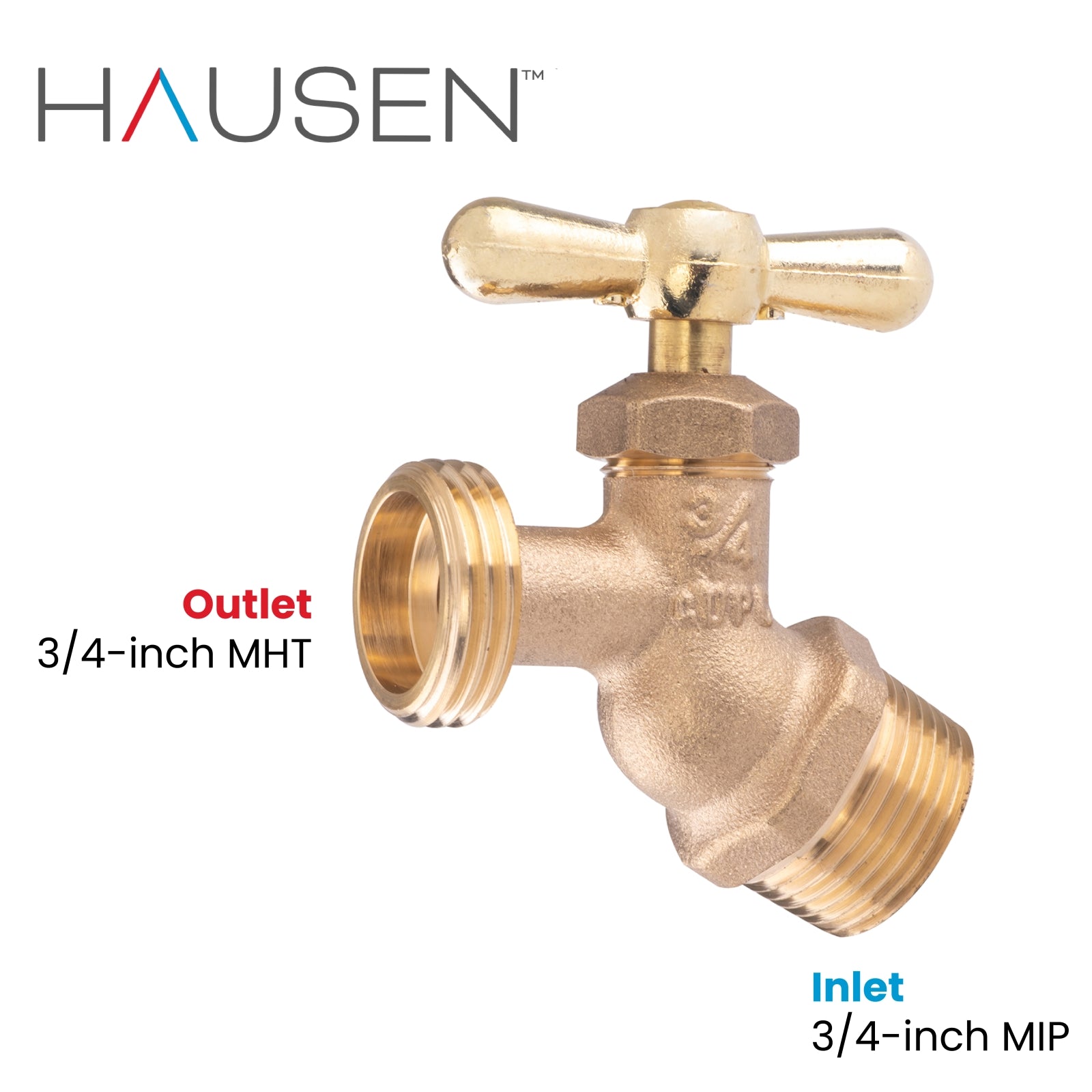 Hausen 3/4-inch MIP (Male Iron Pipe) x 3/4-inch MHT (Male Hose Thread) Brass Angled No-Kink Hose Bibb Valve with Tee Handle Shutoff; cUPC Certified, Compatible with Standard Garden Hoses, 1-pack