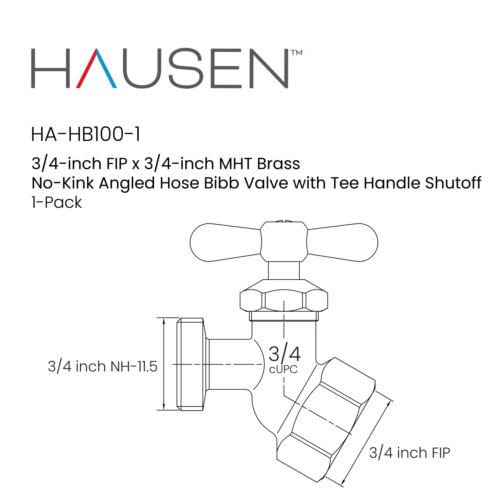 Hausen 3/4-inch FIP (Female Iron Pipe) x 3/4-inch MHT (Male Hose Thread) Brass No-Kink Angled Hose Bibb Valve with Tee Handle Shutoff; cUPC Certified, Compatible with Standard Garden Hoses, 1-pack