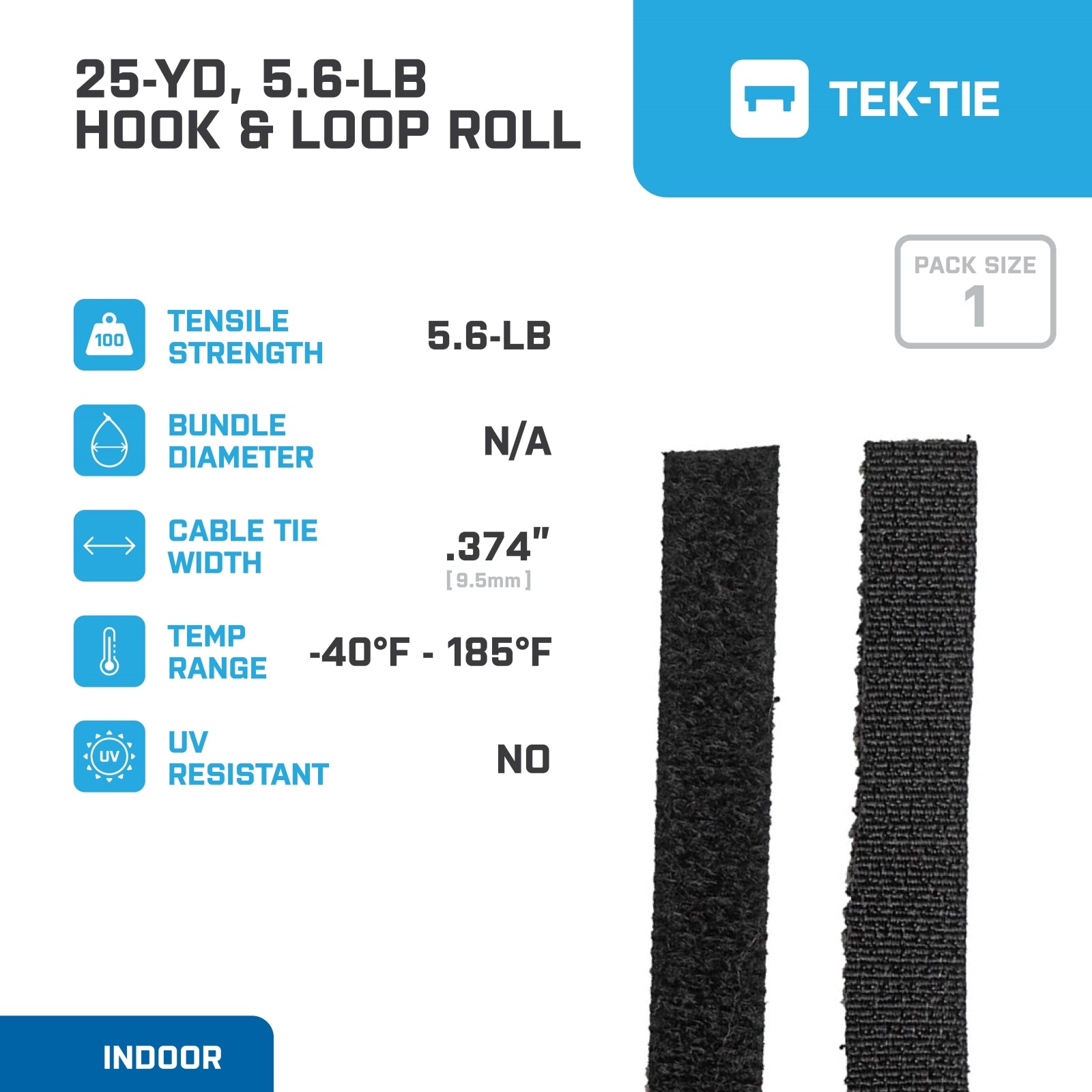 3/8-inch Black Hook and Loop, 5.6-lb Tensile Strength, 25 Yards