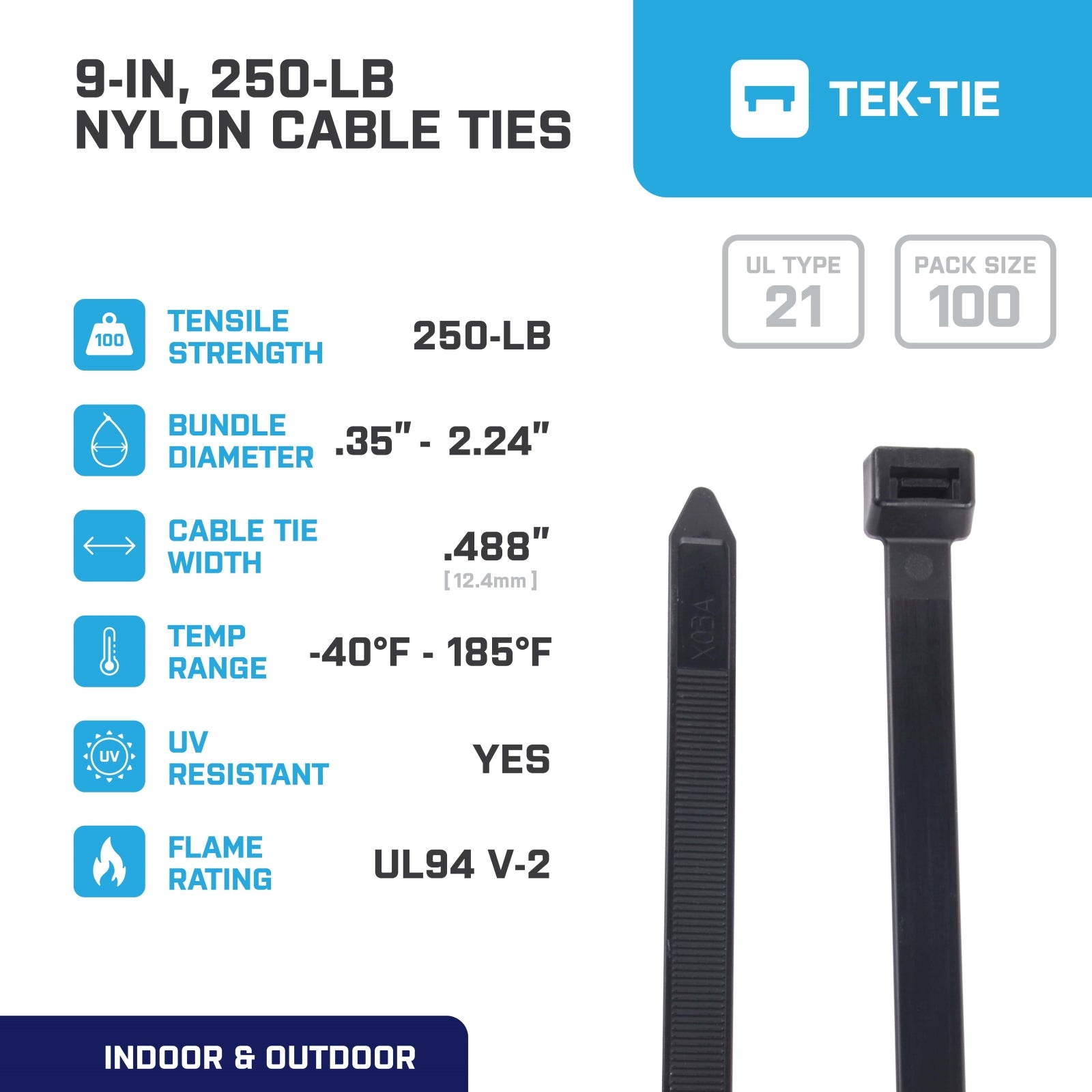 9-inch UV Resistant Black Multi-Purpose Cable Tie, 250-lb Tensile Strength, 100-Pack