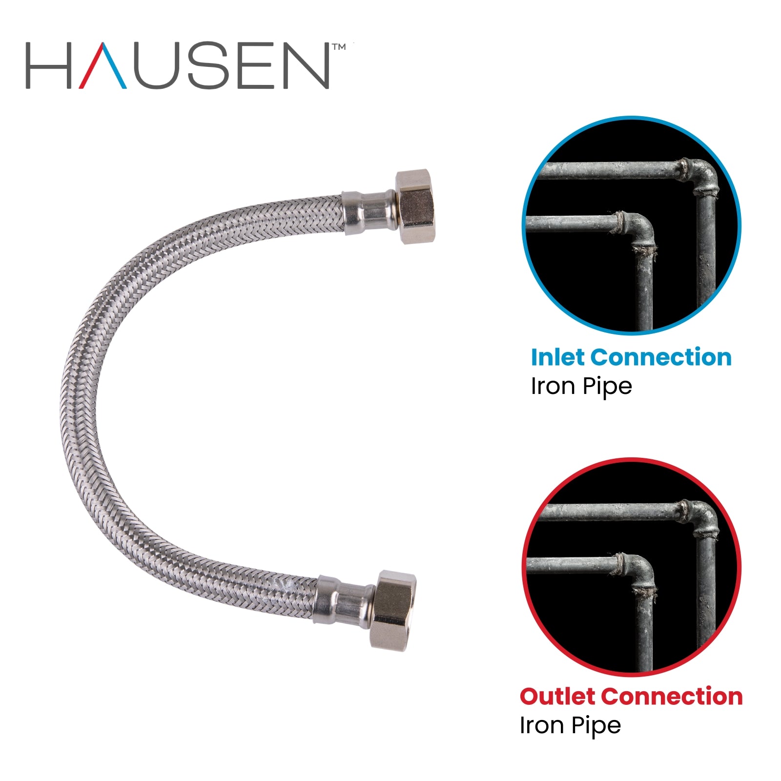 Hausen 1/2-inch FIP (Female Iron Pipe) x 1/2-inch FIP (Female Iron Pipe) x 12-inch Length Stainless Steel Faucet Water Supply Connector; Lead Free; Compatible with Standard Faucets, 2-Pack