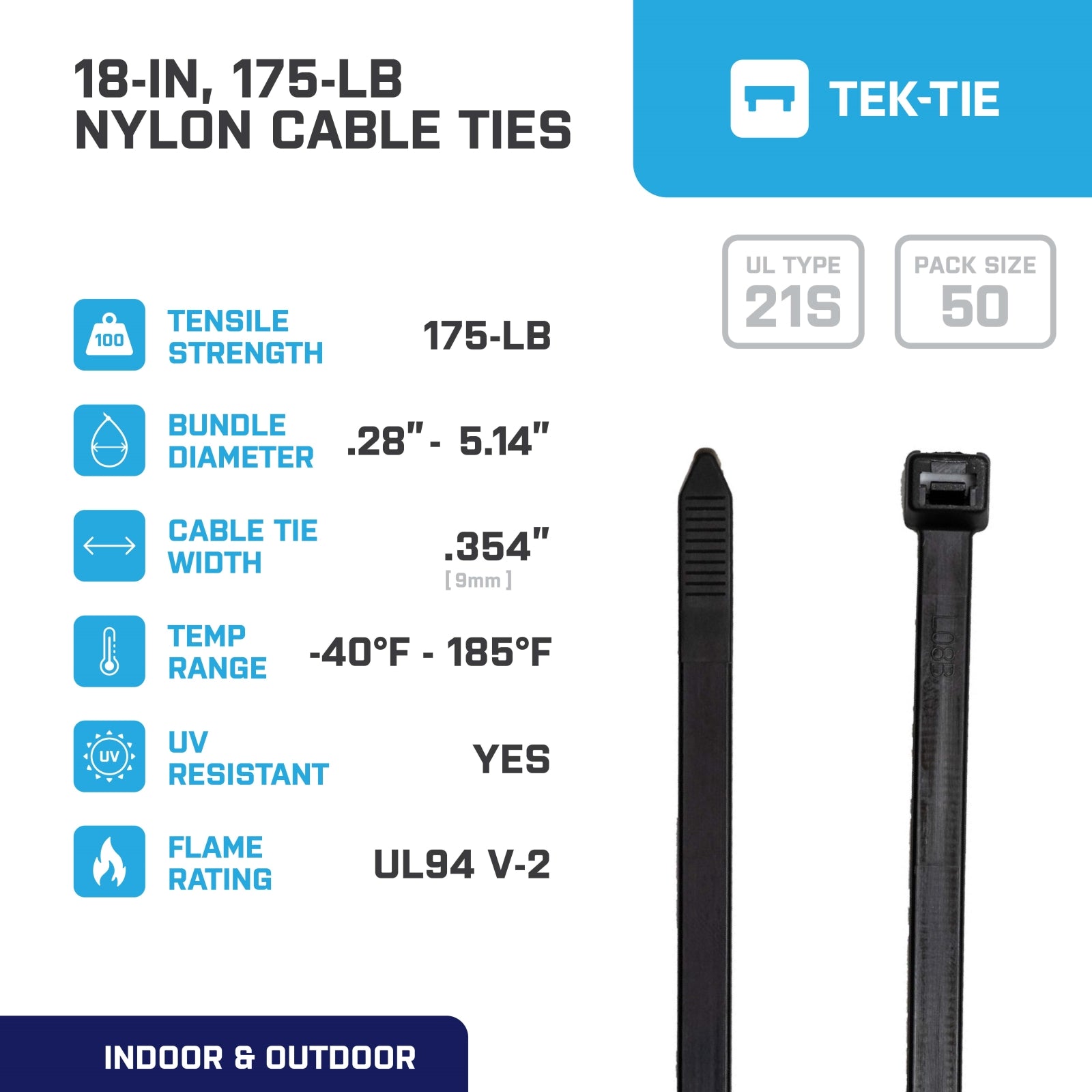 18-inch UV Resistant Black Multi-Purpose Cable Tie, 175-lb Tensile Strength, UL 21S Listed, 50-Pack