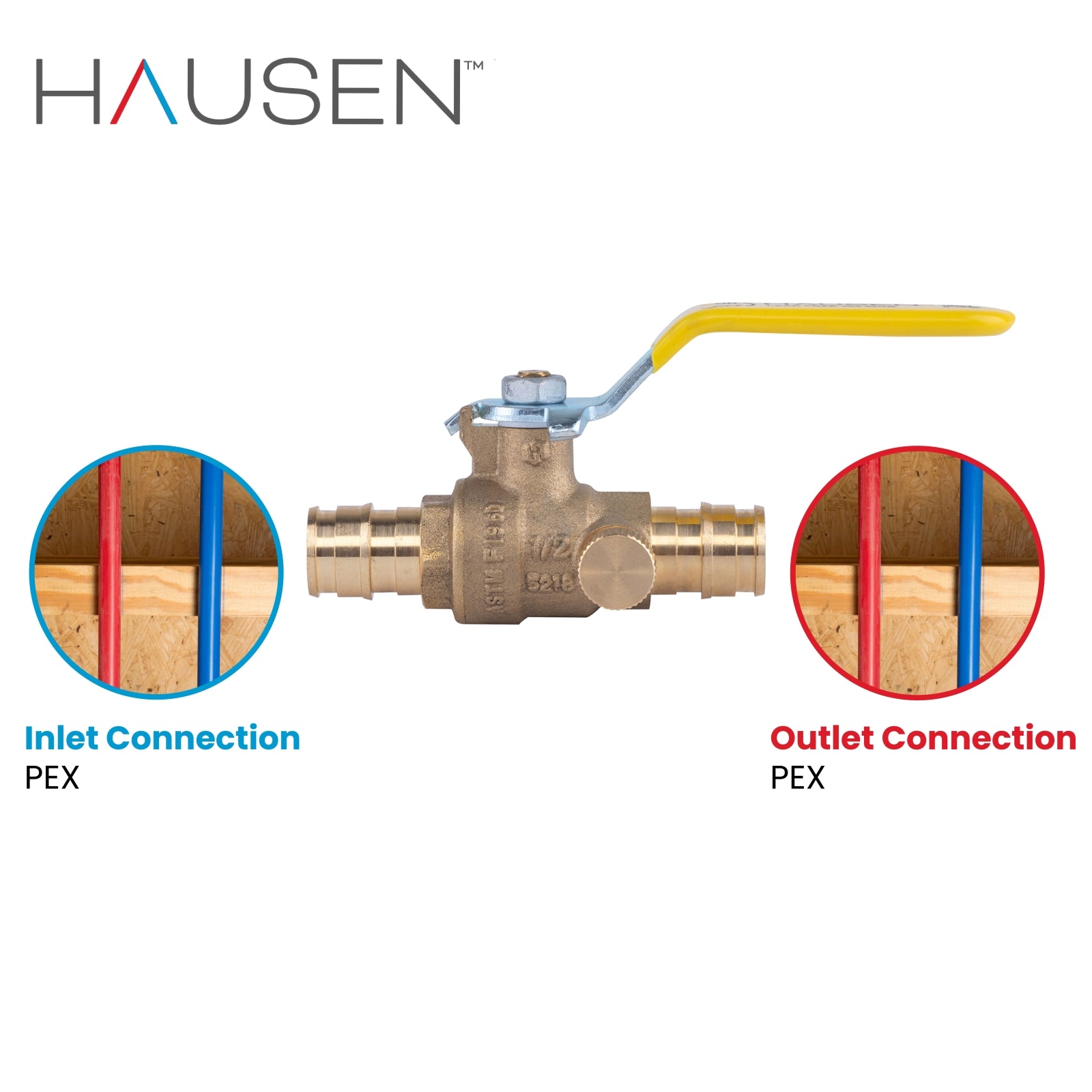 Hausen 1/2-inch PEX Standard Port Brass Ball Valve with Drain; Lead Free Forged Brass; Blowout Resistant Stem; cUPC/ANSI/NSF Certified; For Use in Potable Water, Oil and Gas Distribution Systems, 1-Pack