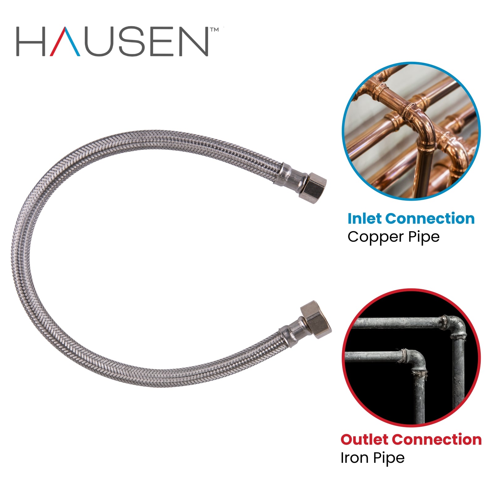 Hausen 3/8-inch Compression x 1/2-inch FIP (Female Iron Pipe) x 60-inch Length Stainless Steel Faucet Water Supply Connector; Lead Free; cUPC and NSF-61 Certified; Compatible with Standard Faucets, 2-Pack